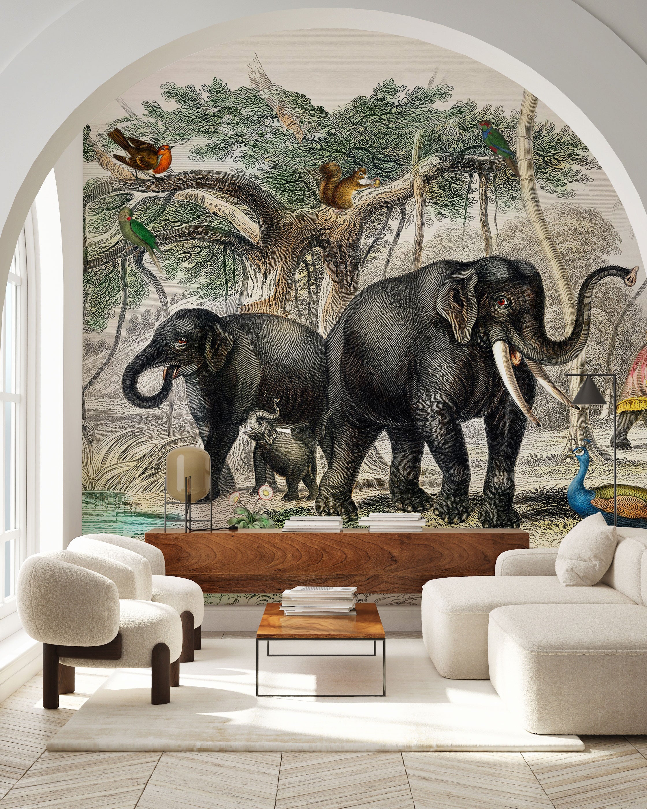 Vintage ilustrirana zidna tapeta s muralom s motivima slonova, egzotičnih ptica, tropskog drveća i detaljnim prizorima džungle u prigušenim prirodnim tonovima