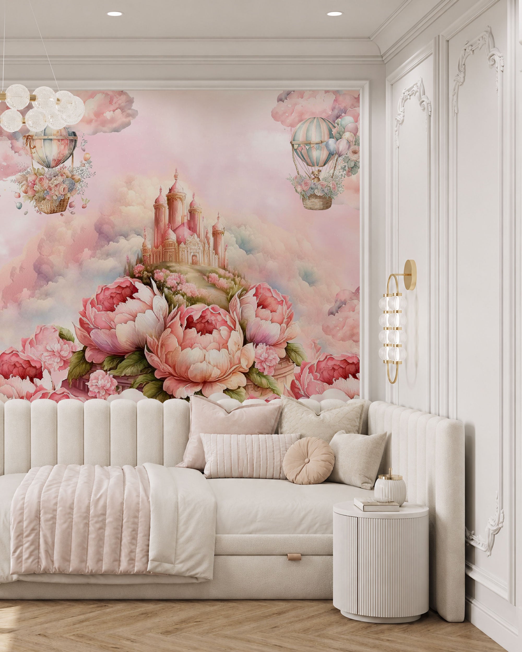 Pink nursery wallpaper with fairytale castle, hot air balloons and flowers