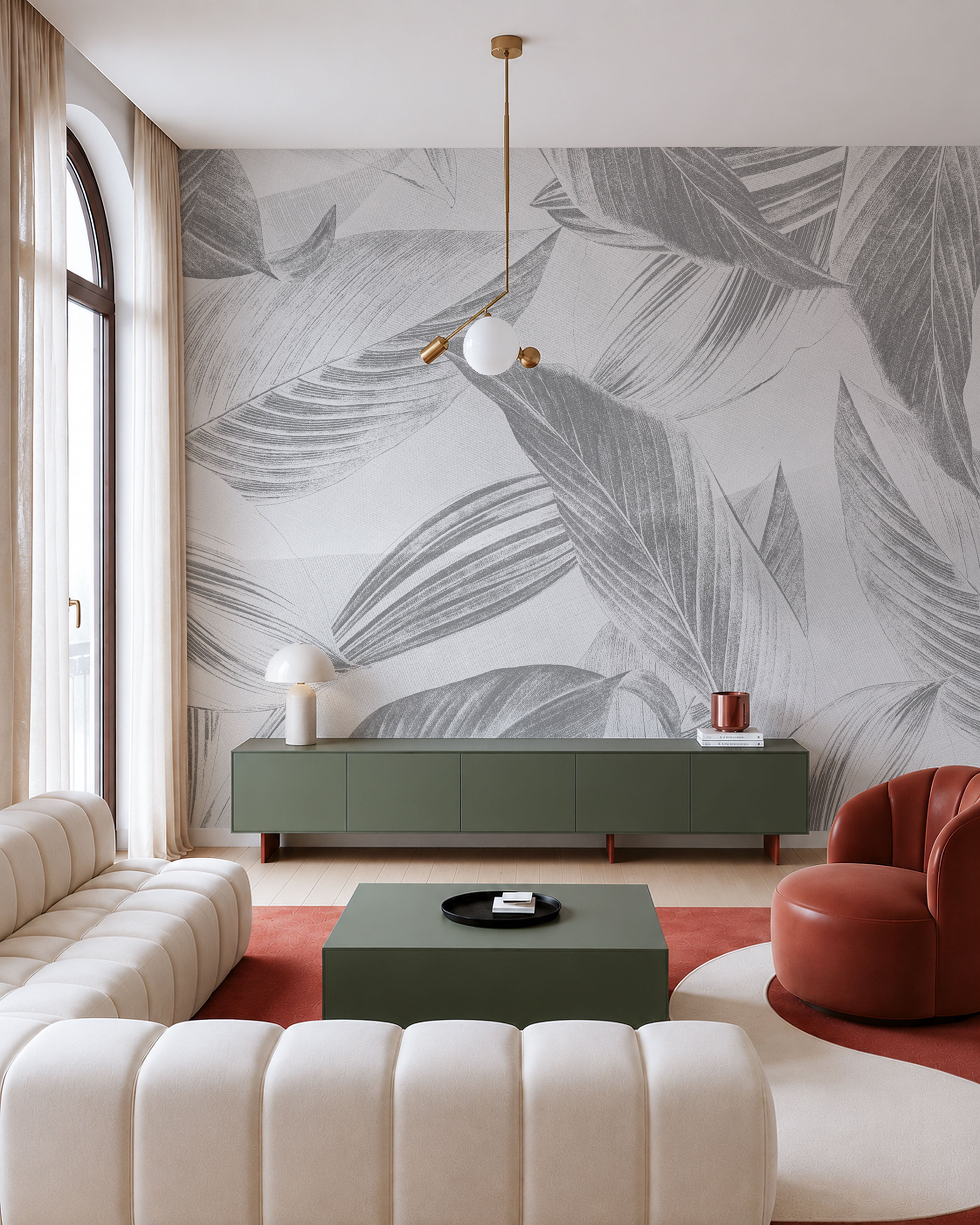 Monochrome botanical wallpaper with large overlapping leaf illustrations in soft grey