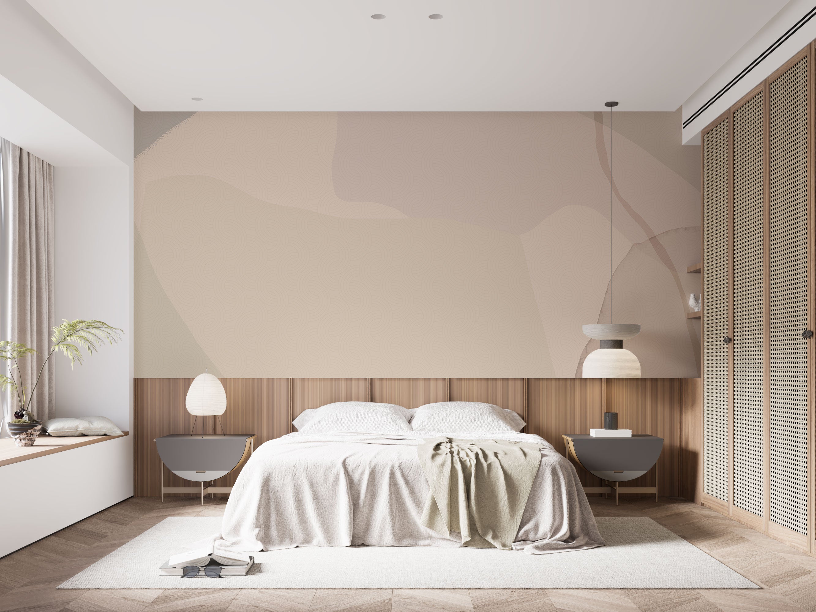 Abstract wallpaper with layered organic shapes in soft beige, blush, sand, and warm neutral tones