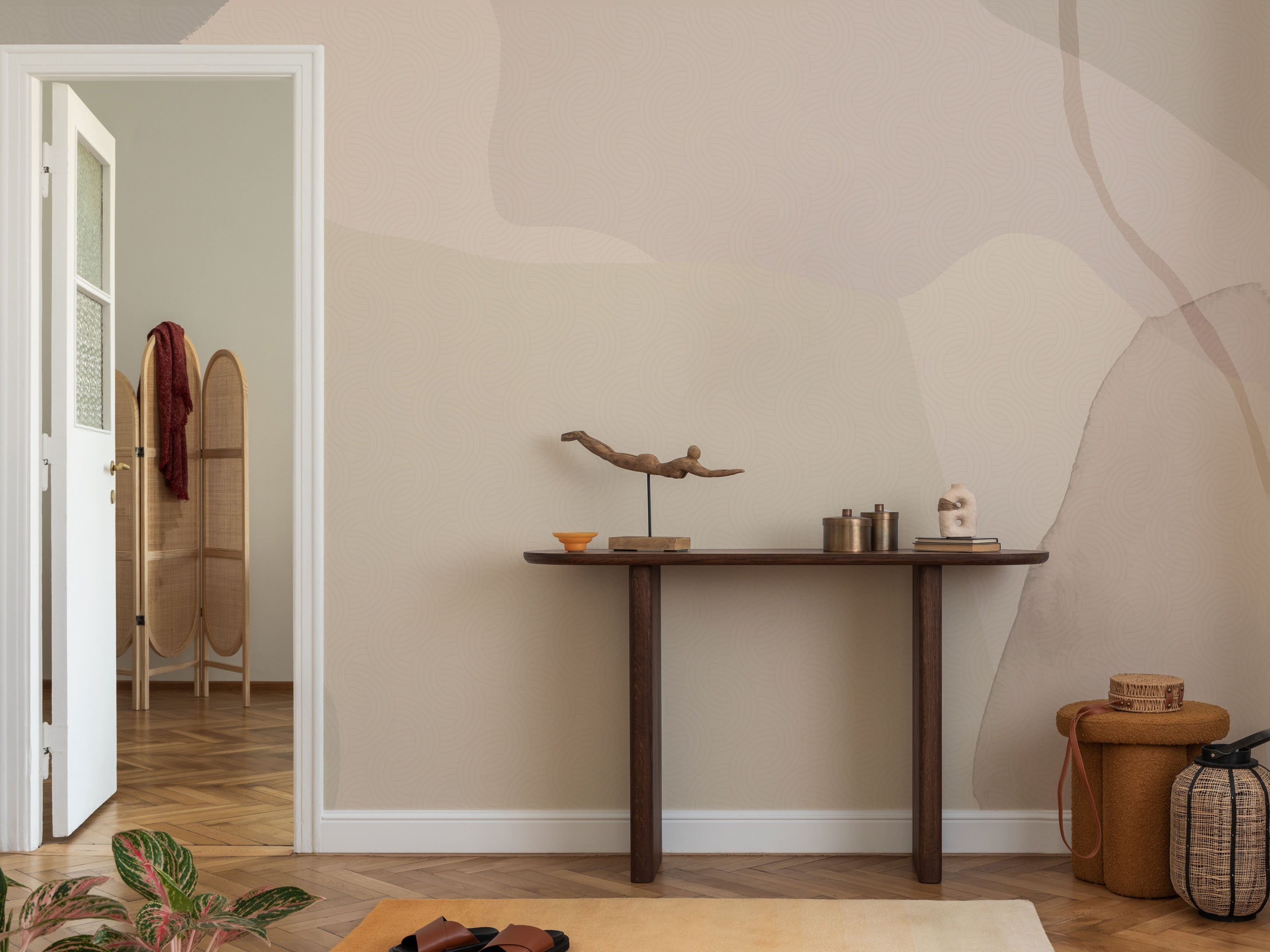 Abstract wallpaper with layered organic shapes in soft beige, blush, sand, and warm neutral tones