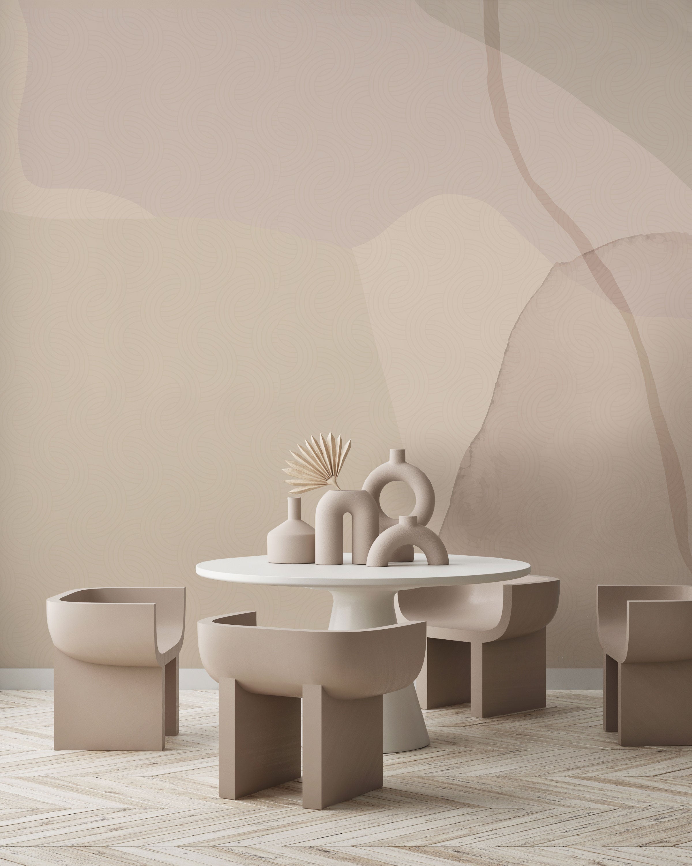 Abstract wallpaper with layered organic shapes in soft beige, blush, sand, and warm neutral tones