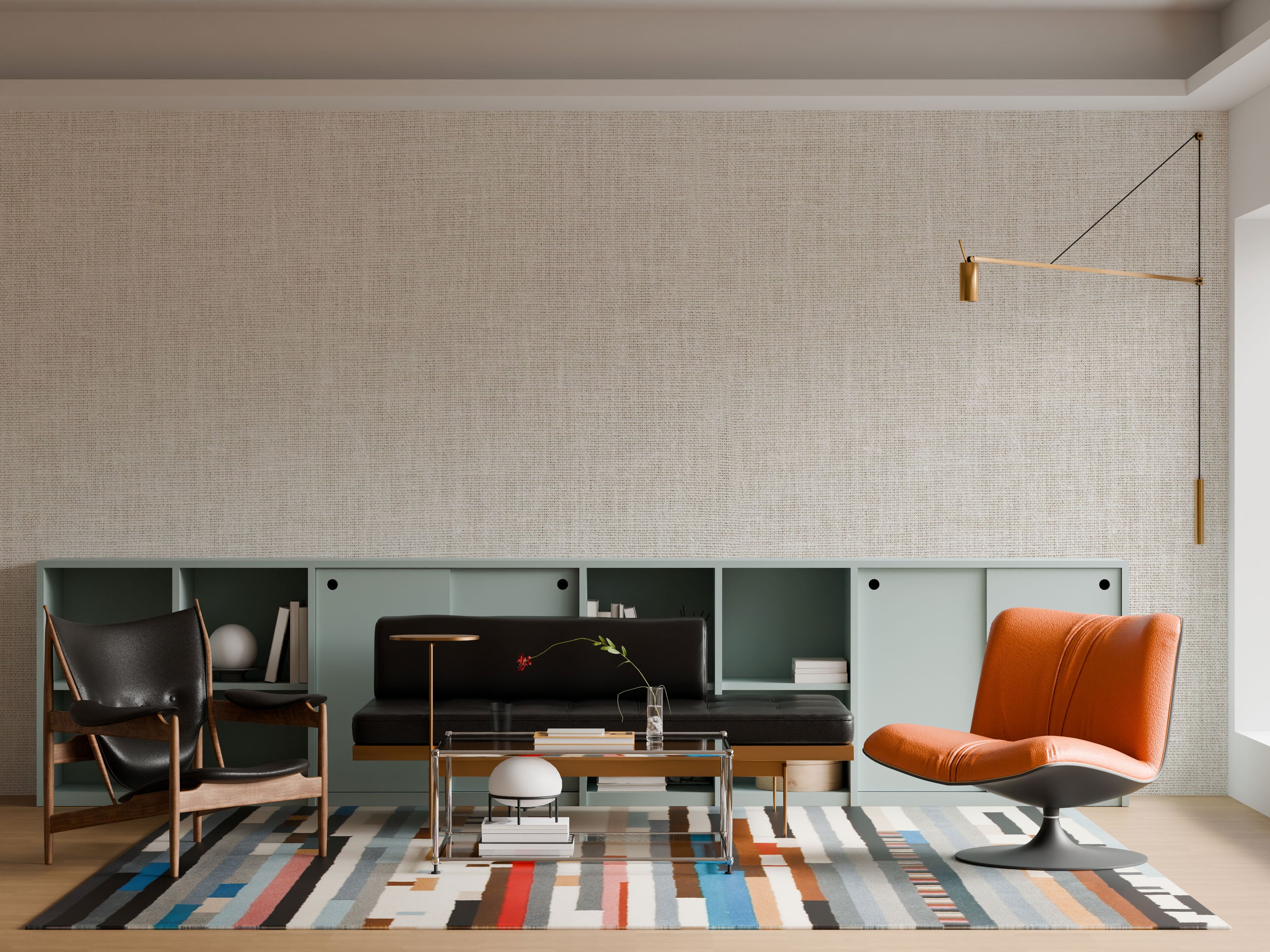 Beige neutral mural wallpaper with subtle linen texture and soft woven fabric effect.