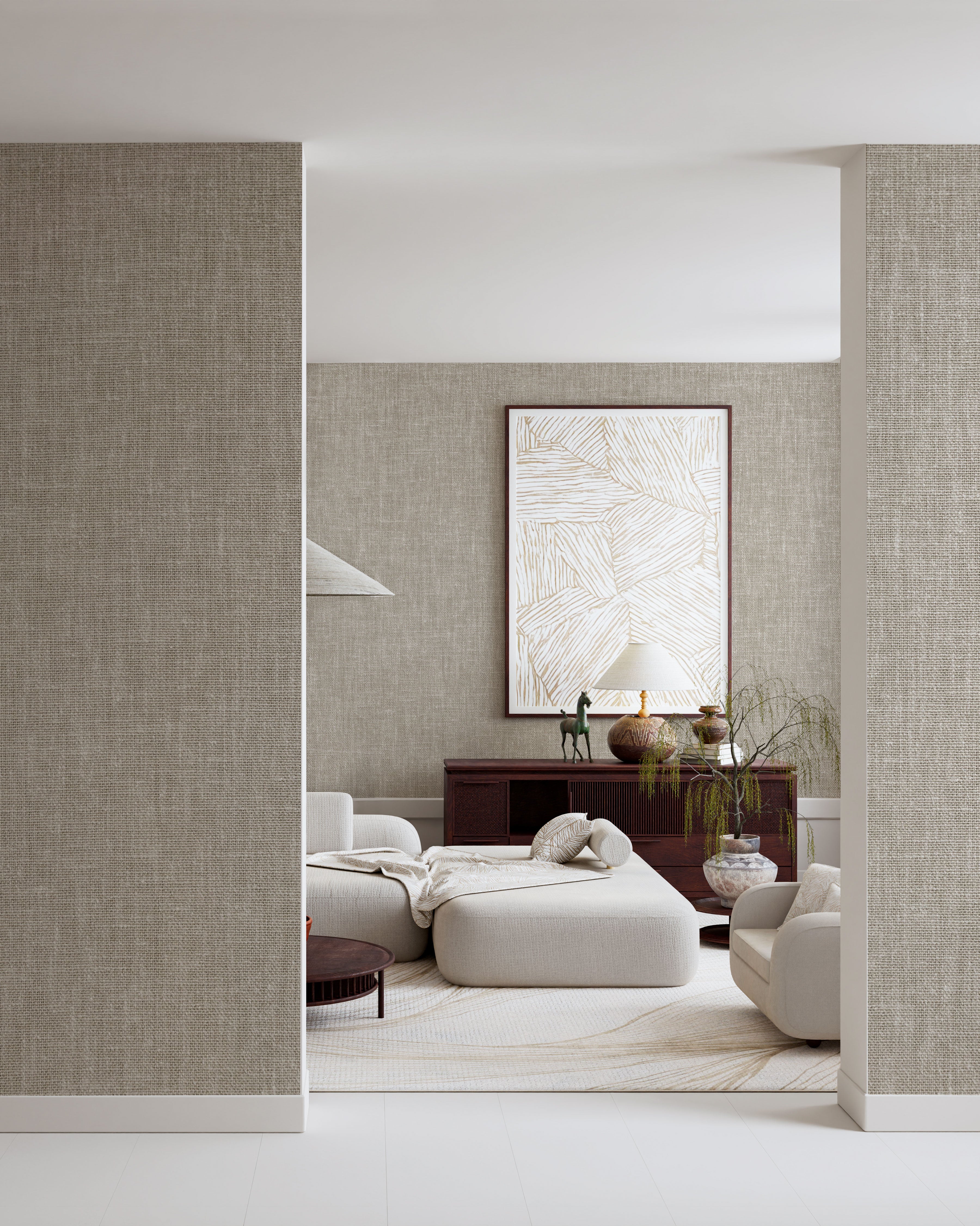 mural wallpaper features a refined linen-inspired texture with softly woven detailing that creates a calm and timeless backdrop