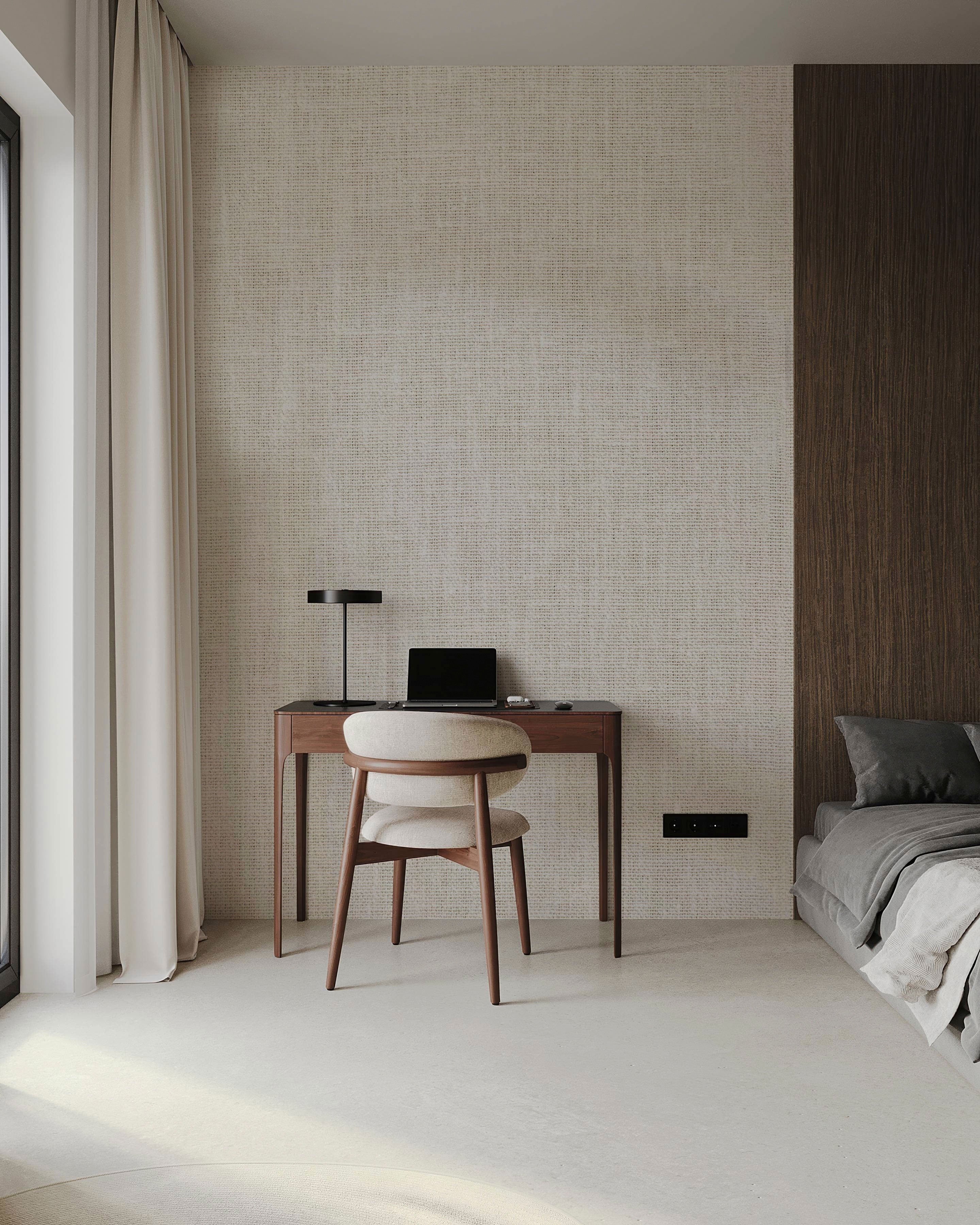 Beige neutral mural wallpaper with subtle linen texture and soft woven fabric effect.