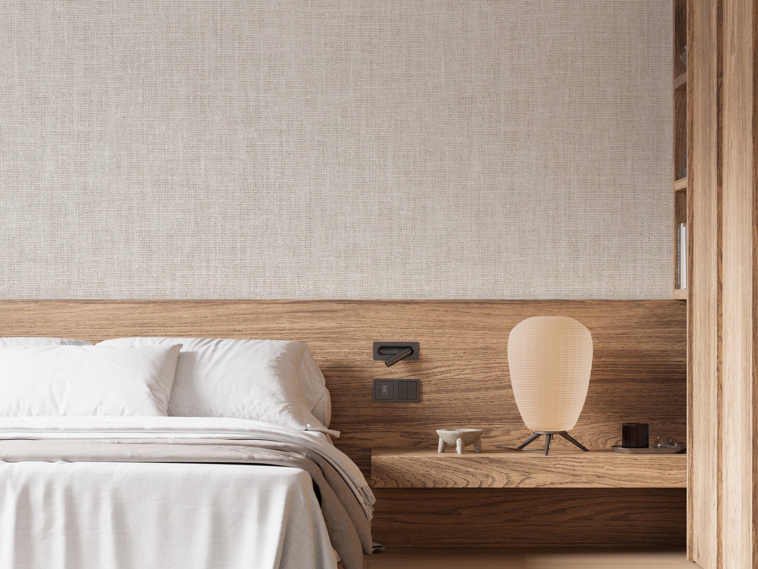 Beige neutral mural wallpaper with subtle linen texture and soft woven fabric effect.