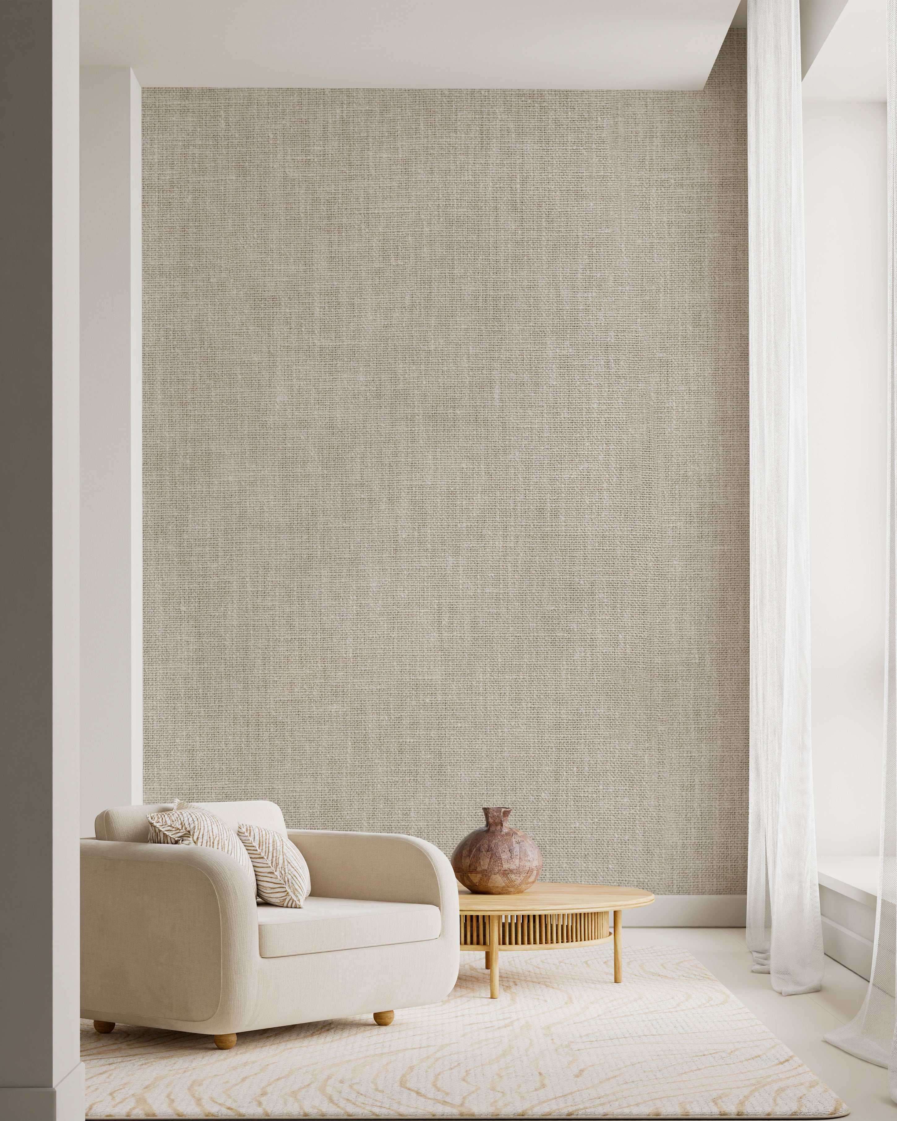 mural wallpaper features a refined linen-inspired texture with softly woven detailing that creates a calm and timeless backdrop