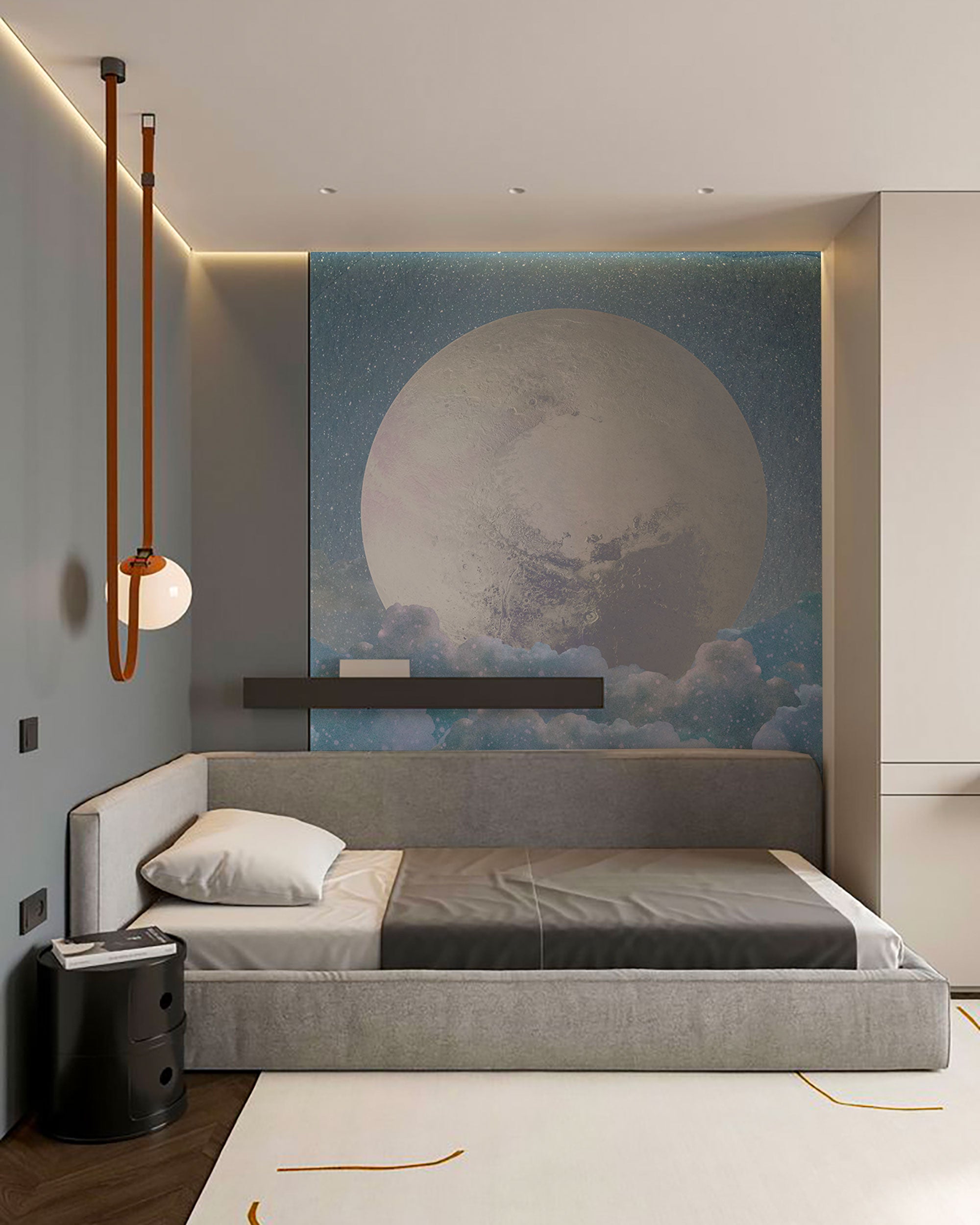 Children’s moon mural wallpaper with clouds and stars in soft blue night tones