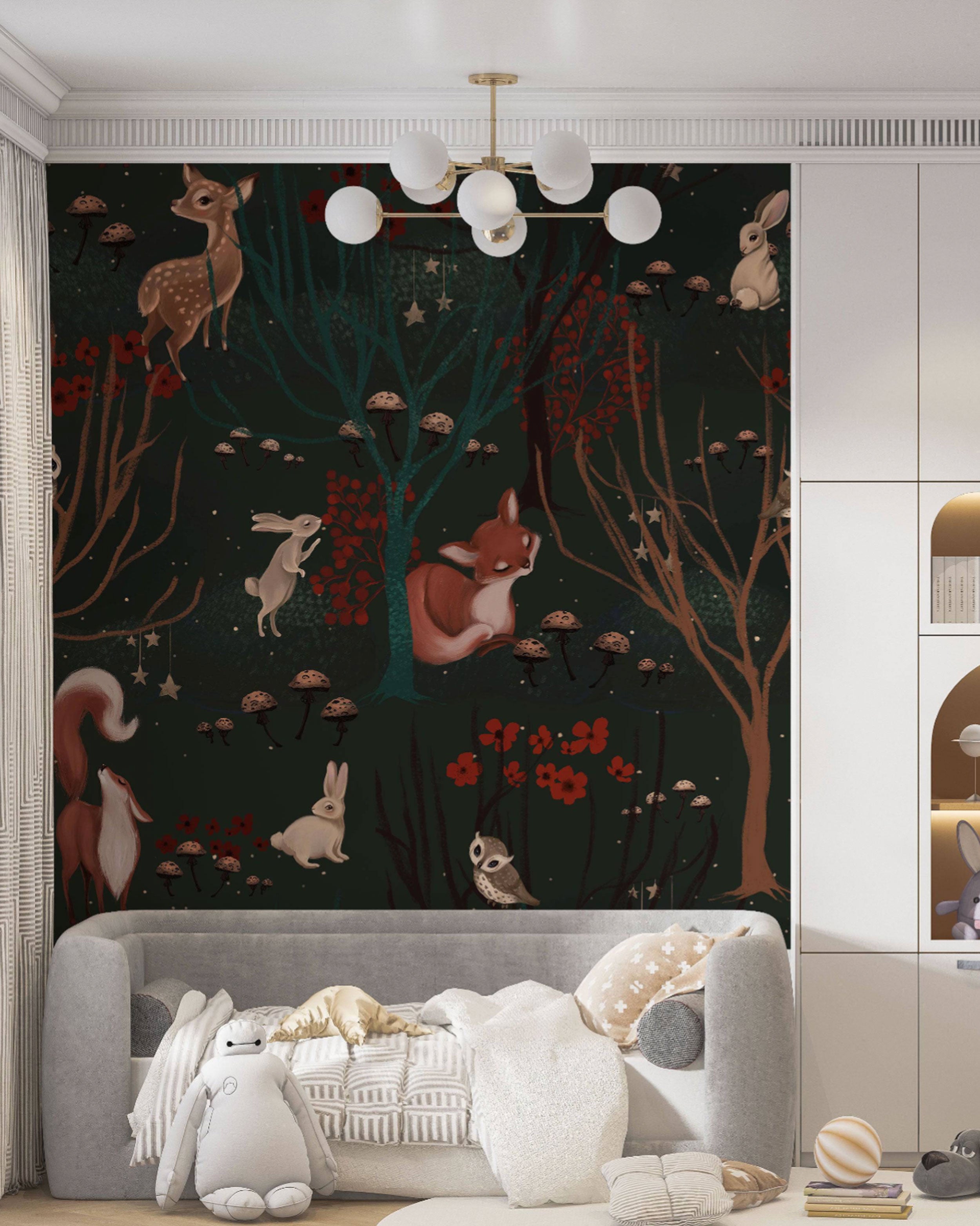 Verspielte Nachtwald-Tapete mit illustrierten Hirschen, Füchsen, Kaninchen, Eulen und Pilzen auf einem tiefgrünen Hintergrund mit sanften Sternendetails