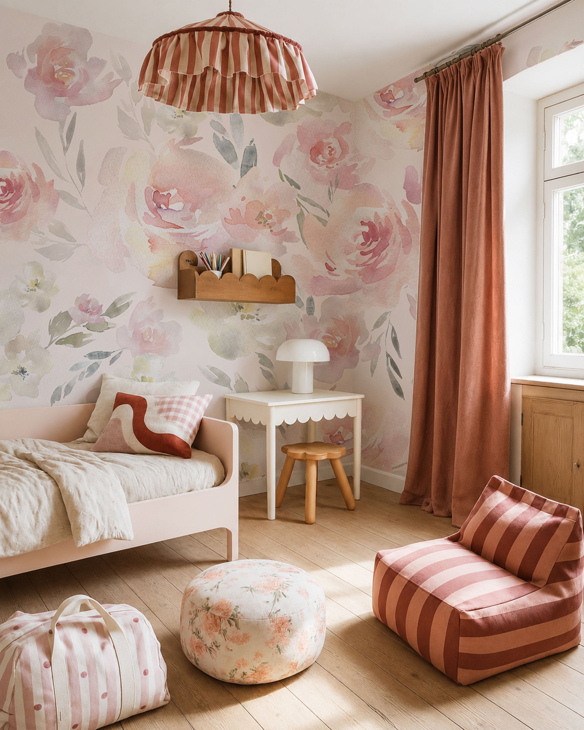 Soft blush floral watercolor mural wallpaper in pastel pink and neutral tones for children’s rooms