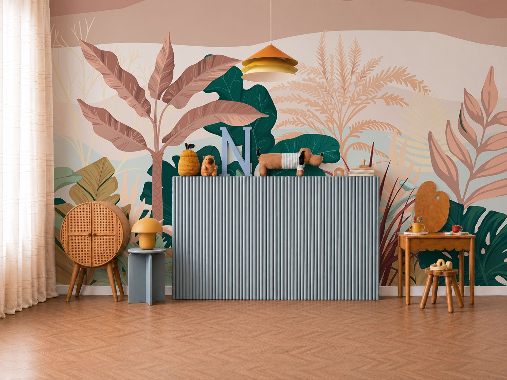 Modern botanical watercolor mural wallpaper with abstract leaf shapes in warm neutral tones