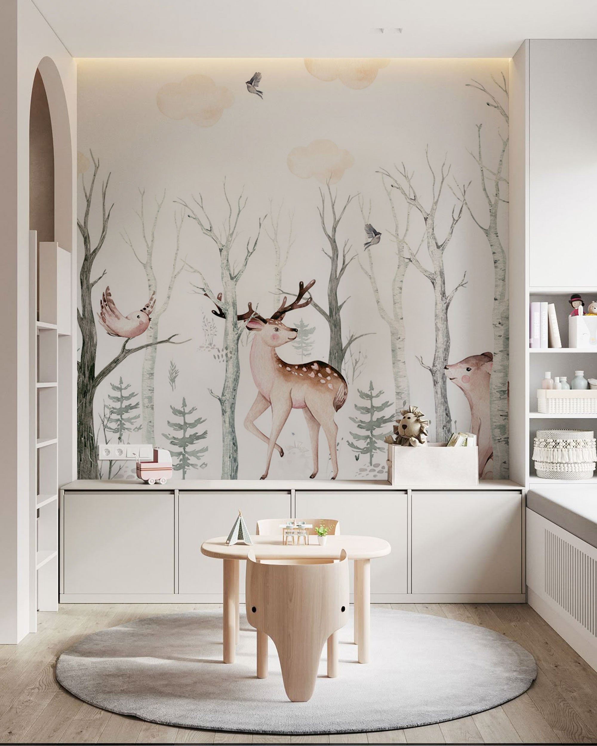 forest mural wallpaper with woodland animals for kids room