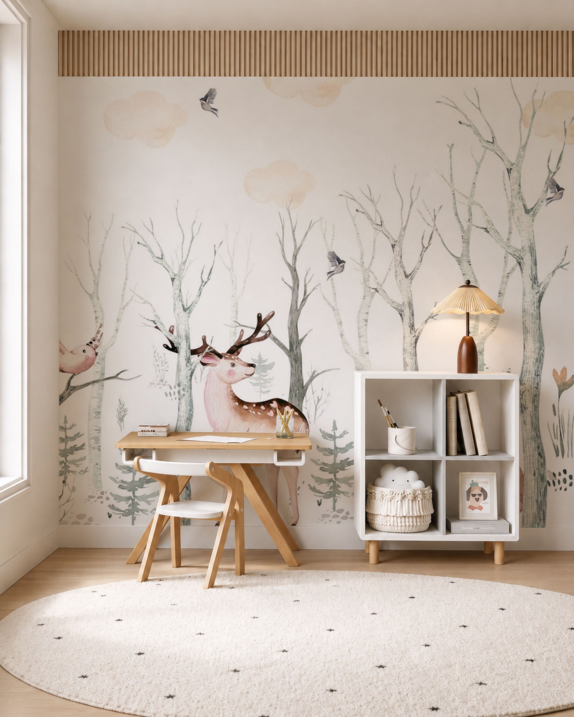 forest mural wallpaper with woodland animals for kids room