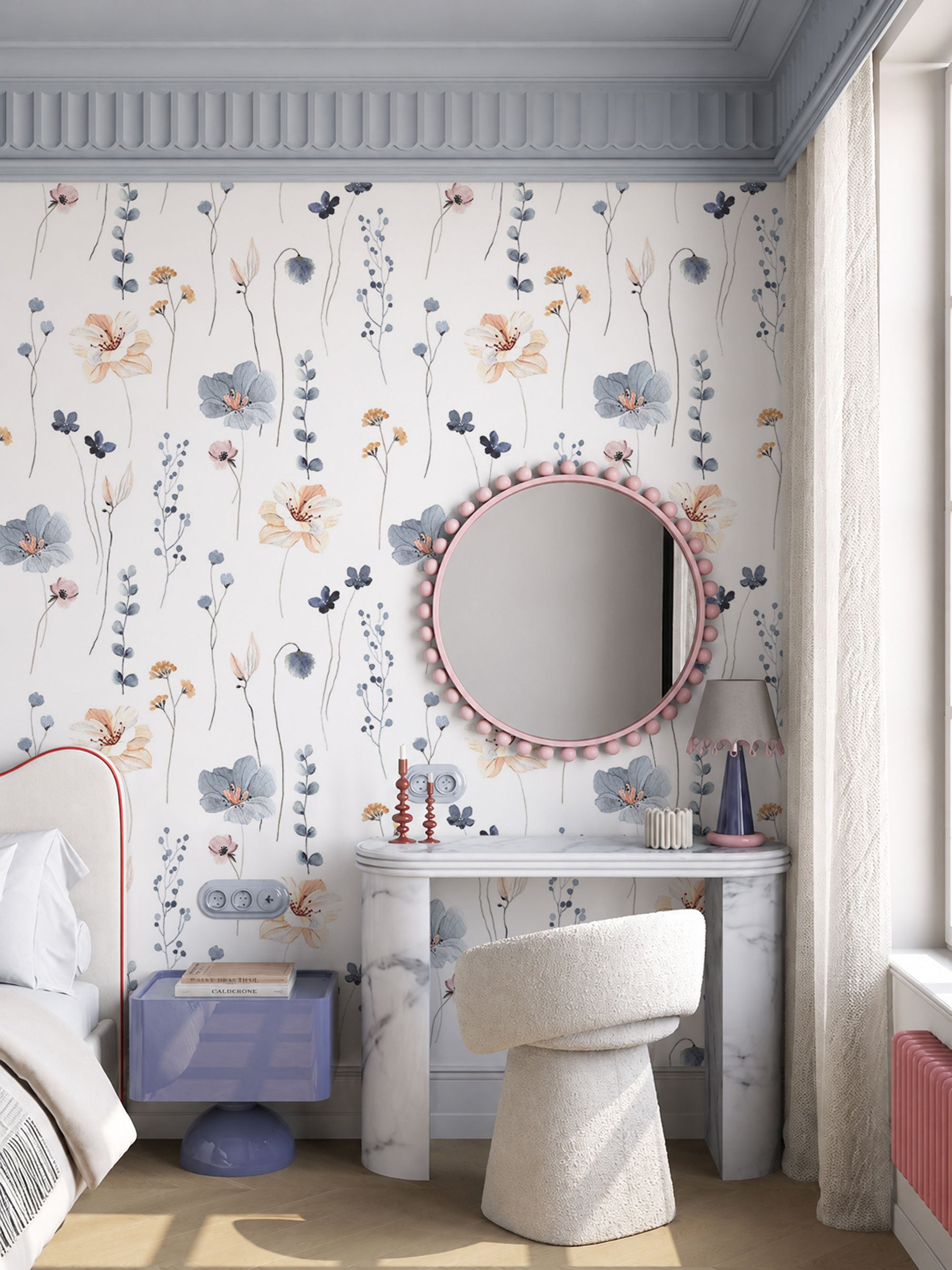 floral wallpaper with pastel flowers for children’s nursery and baby room