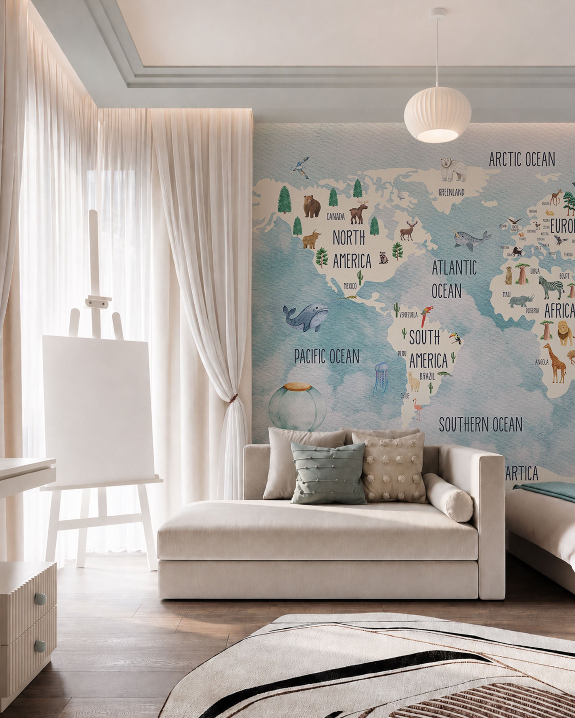 Illustrated world map wallpaper with animals, continents, oceans, and country names on a soft blue background