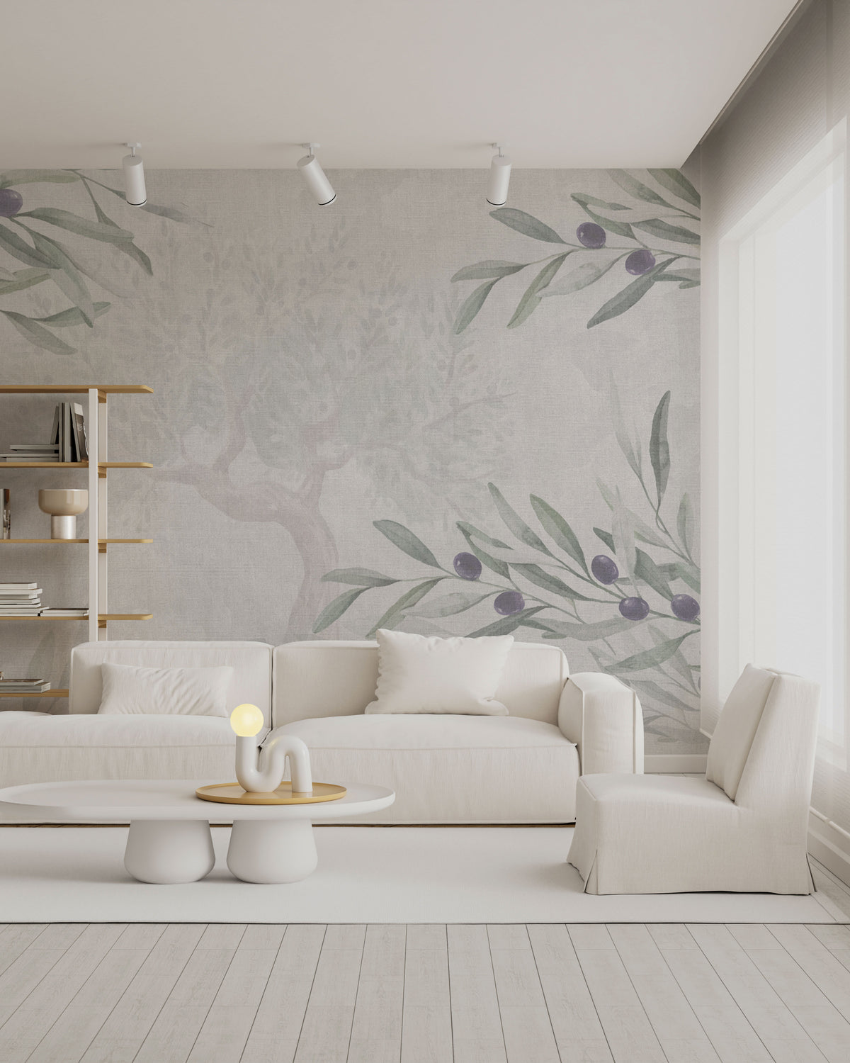 Olive tree pattern wallpaper with soft green branches and subtle textured background
