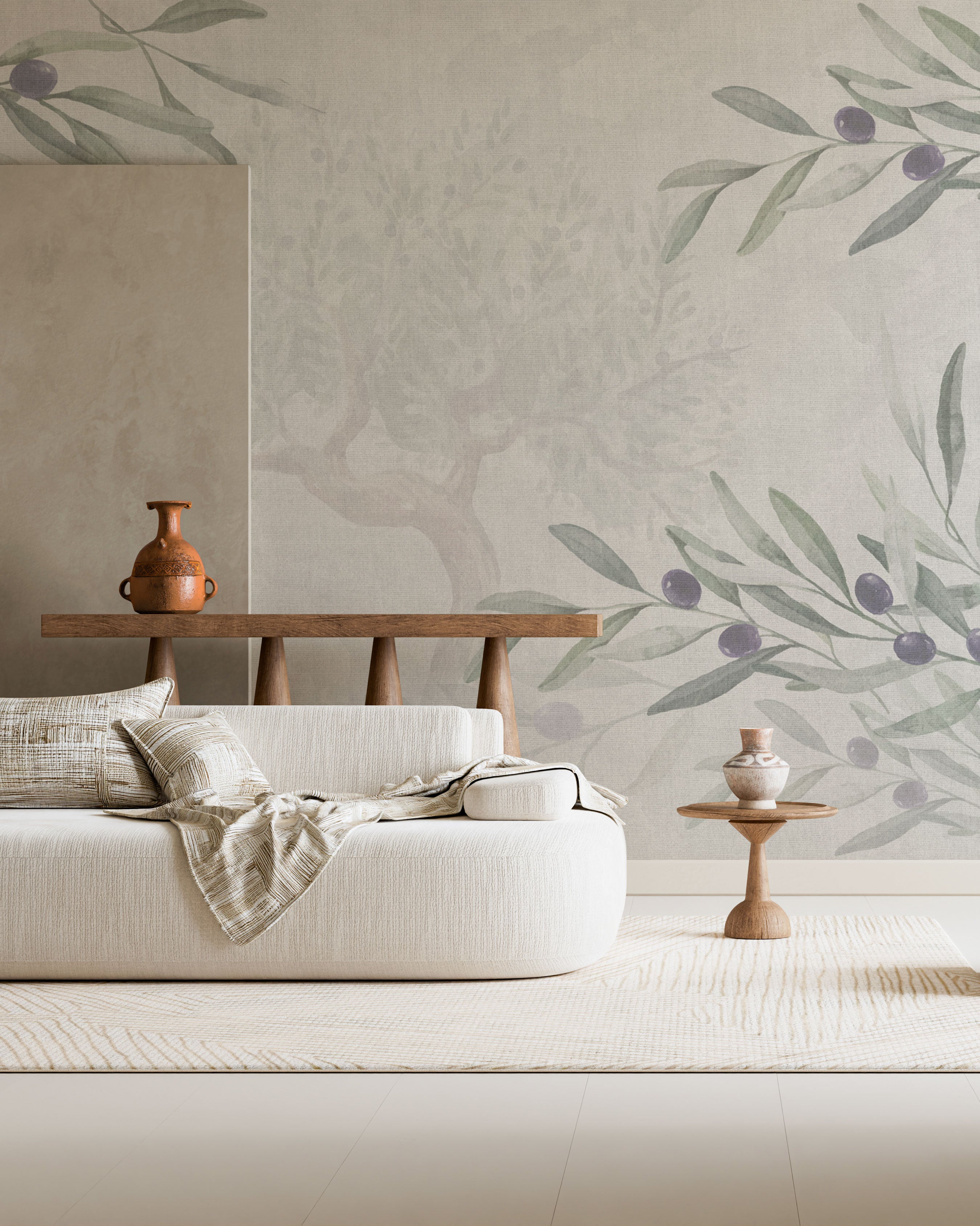 Olive tree pattern wallpaper with soft green branches and subtle textured background
