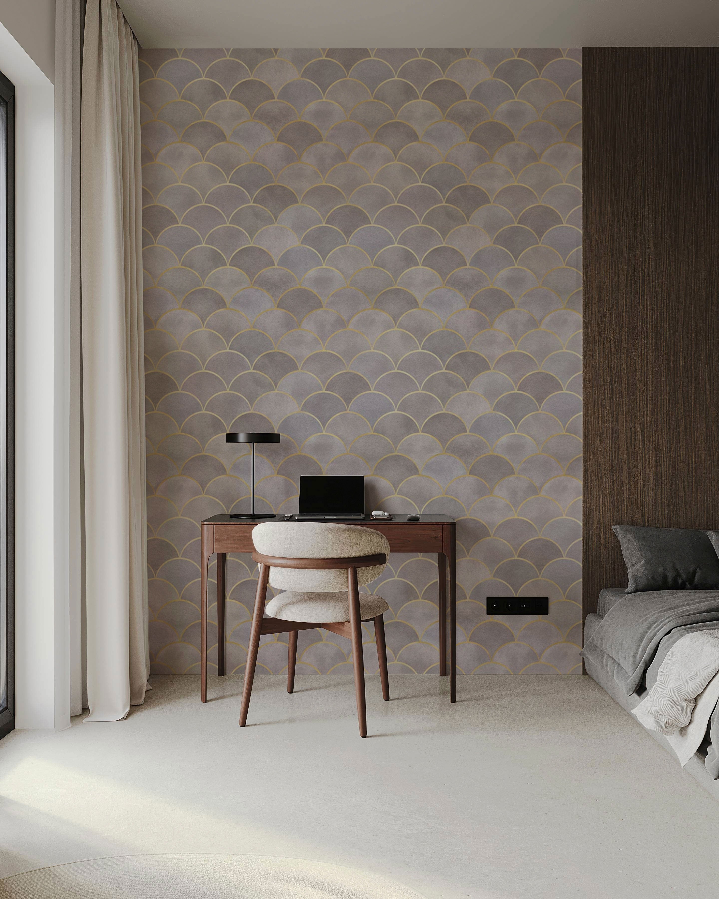 Art Deco scallop wallpaper in soft greige and grey tones with fine gold outlines, creating an elegant and calming interior backdrop
