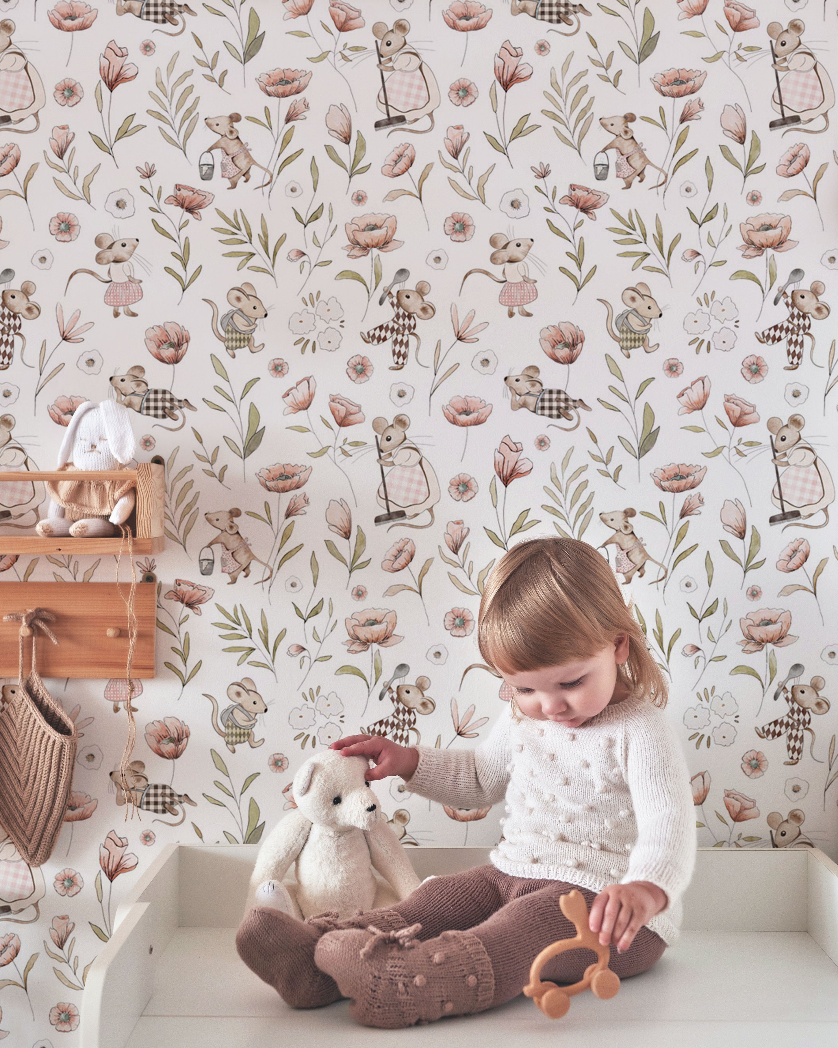 Pattern kids wallpaper with watercolor mice, floral elements, leaves, and soft beige and pink tones.