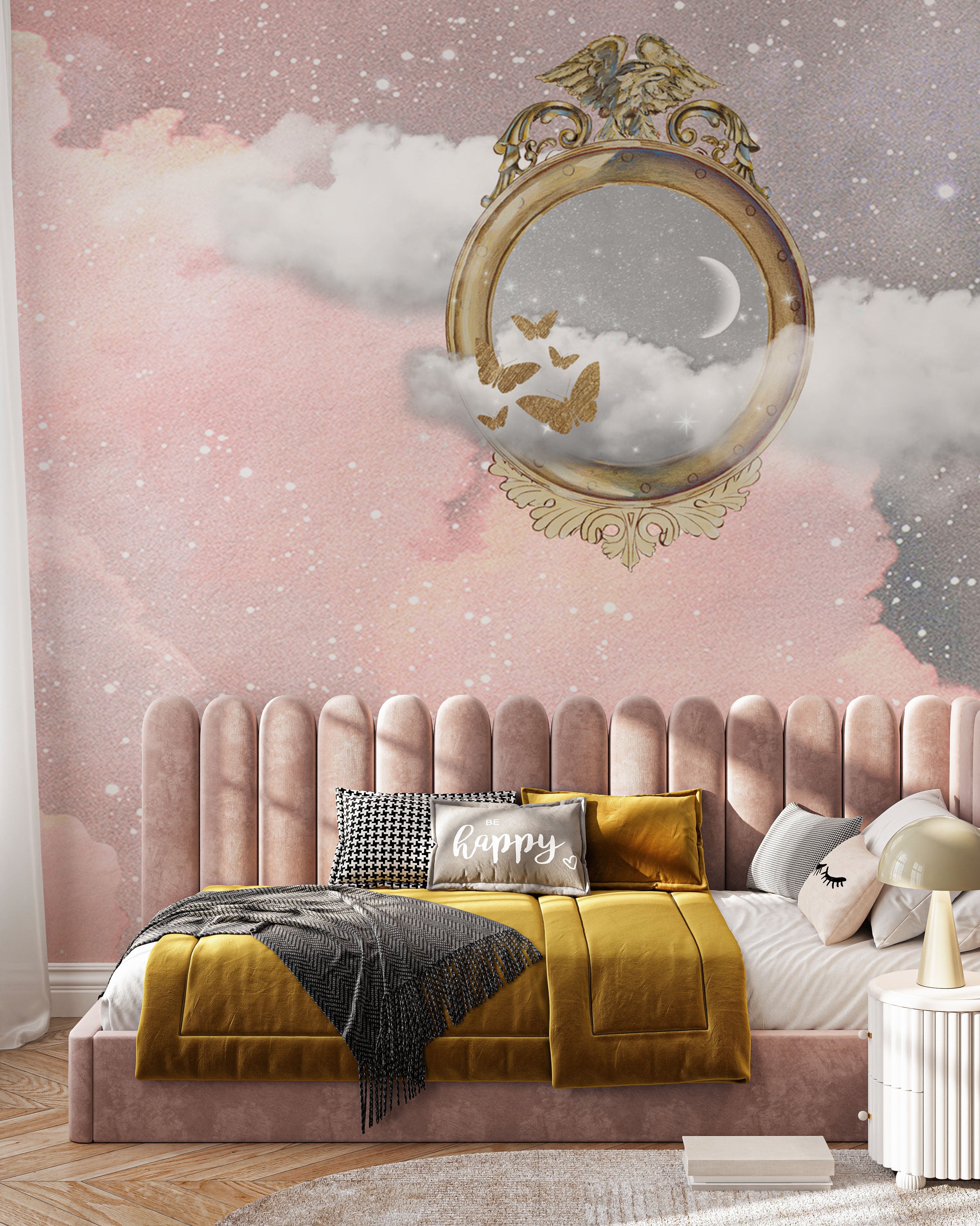 Dreamy pastel wall mural with clouds, moon and golden butterflies