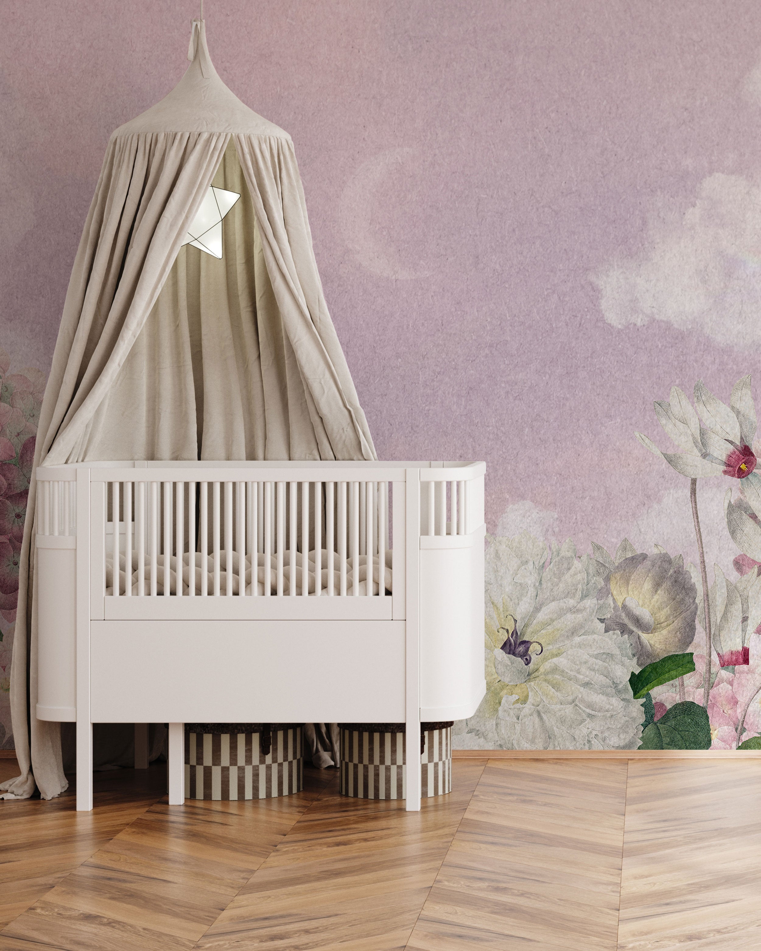 Soft lavender floral watercolor mural wallpaper with pastel pink flowers and a textured background