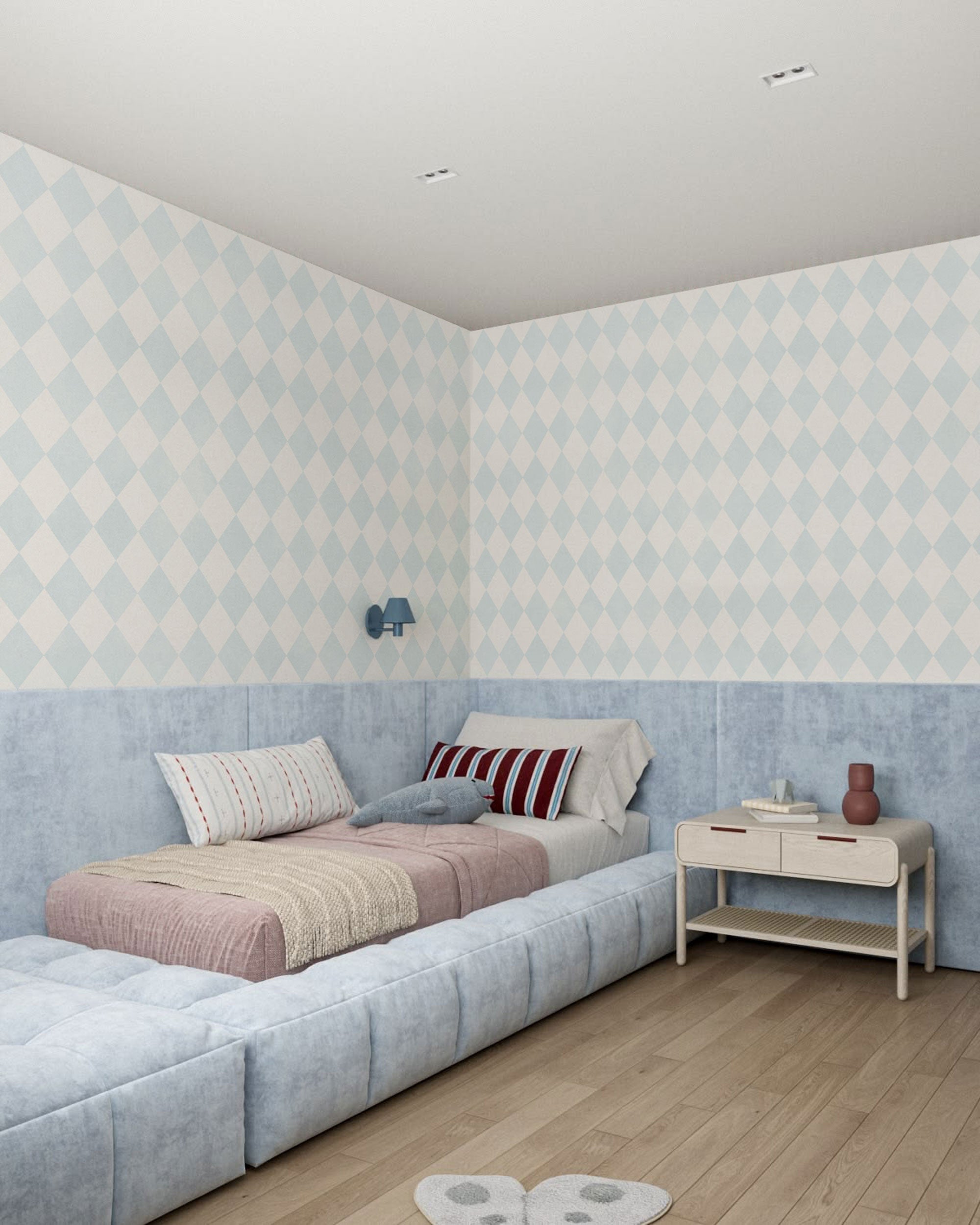 Soft blue and off-white rhomb pattern wallpaper with a light geometric rhythm and timeless design