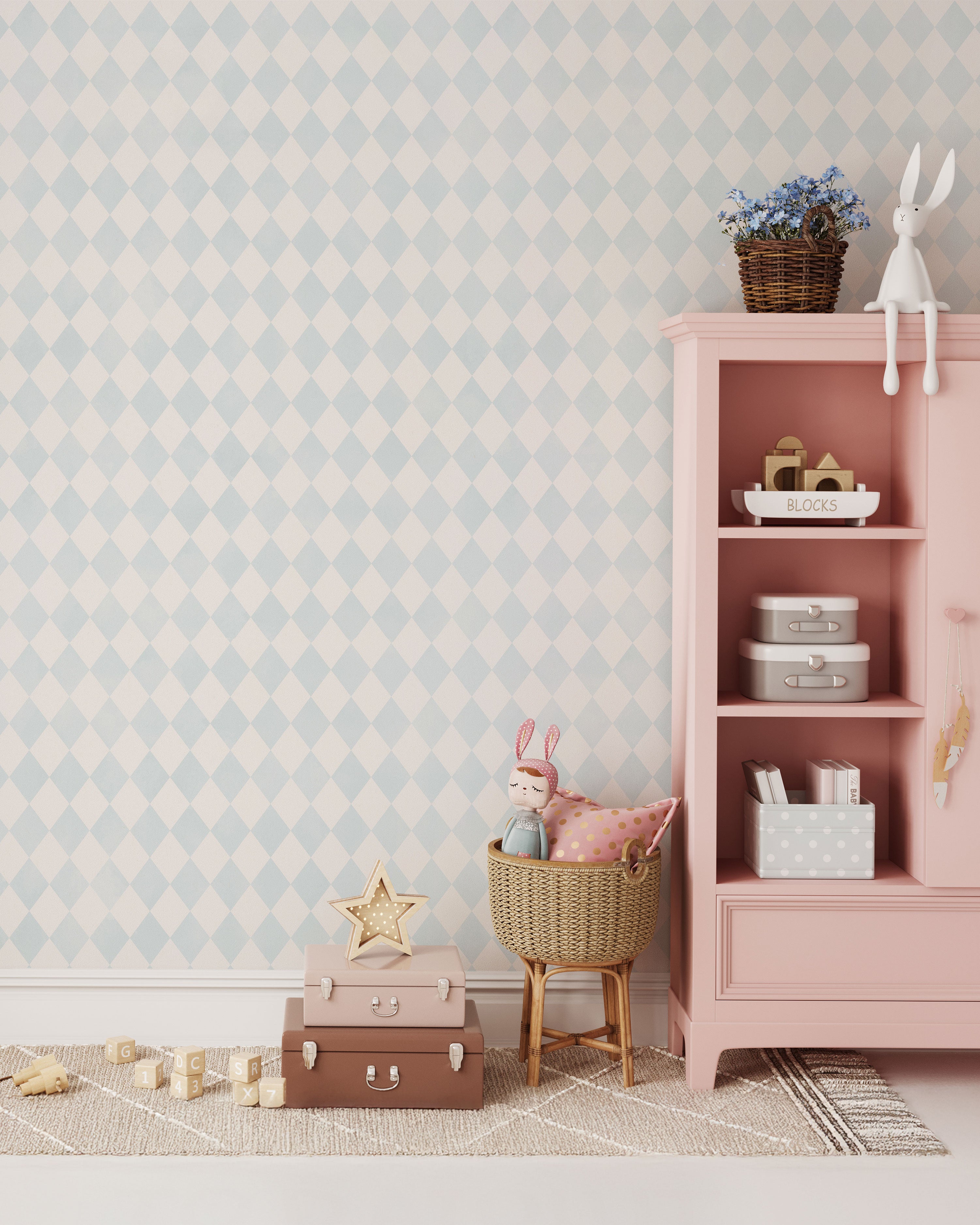 Soft blue and off-white rhomb pattern wallpaper with a light geometric rhythm and timeless design