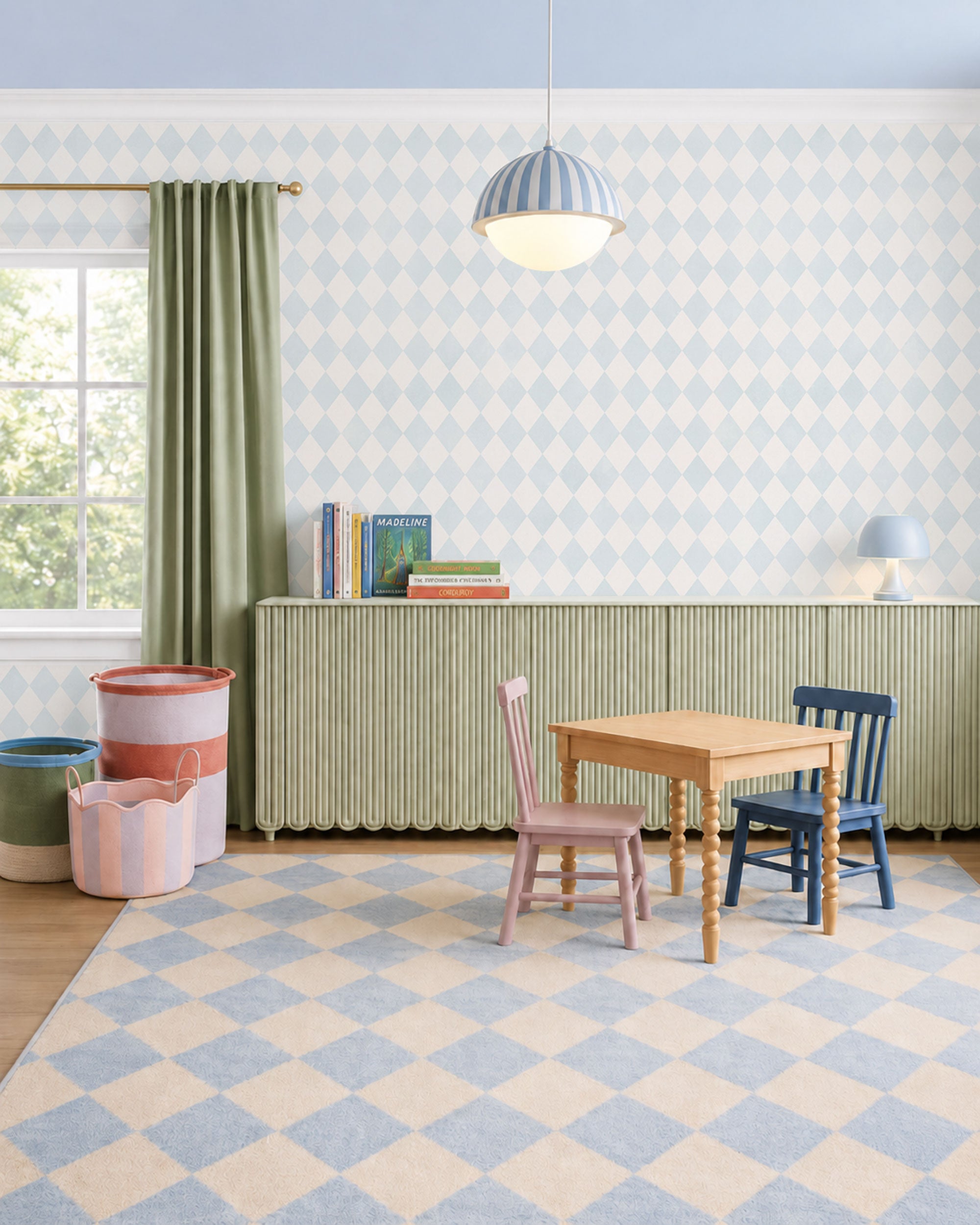 Soft blue and off-white rhomb pattern wallpaper with a light geometric rhythm and timeless design