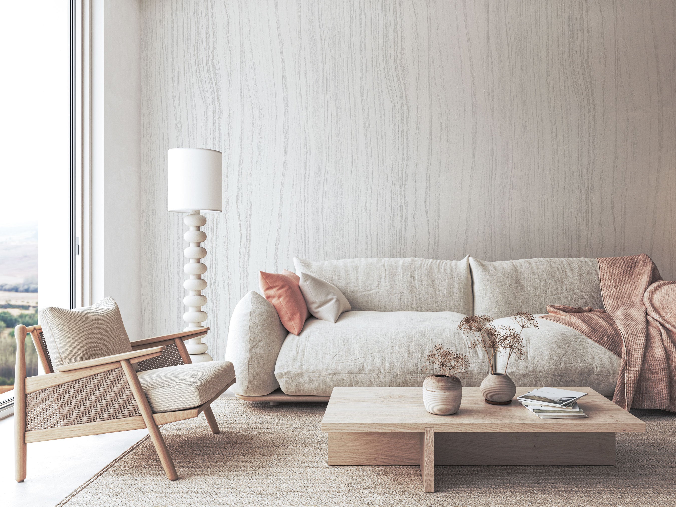 Light neutral wallpaper with soft vertical mineral lines and subtle textured finish