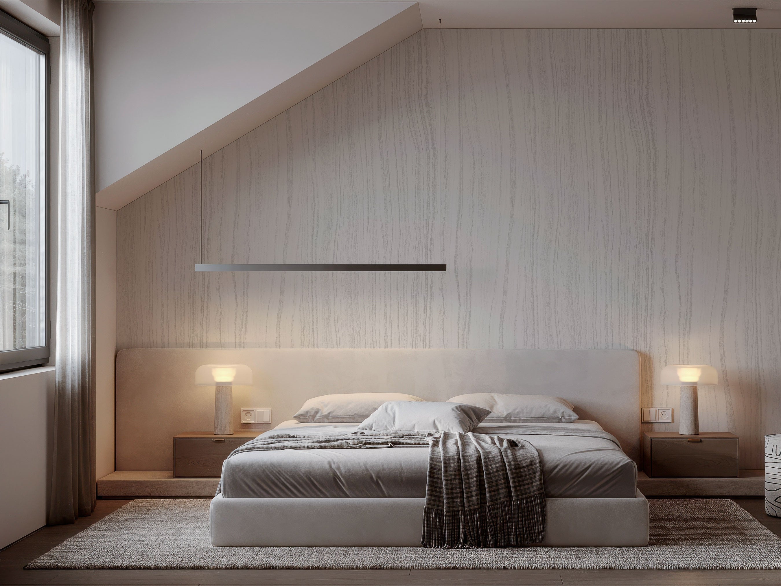 Light neutral wallpaper with soft vertical mineral lines and subtle textured finish