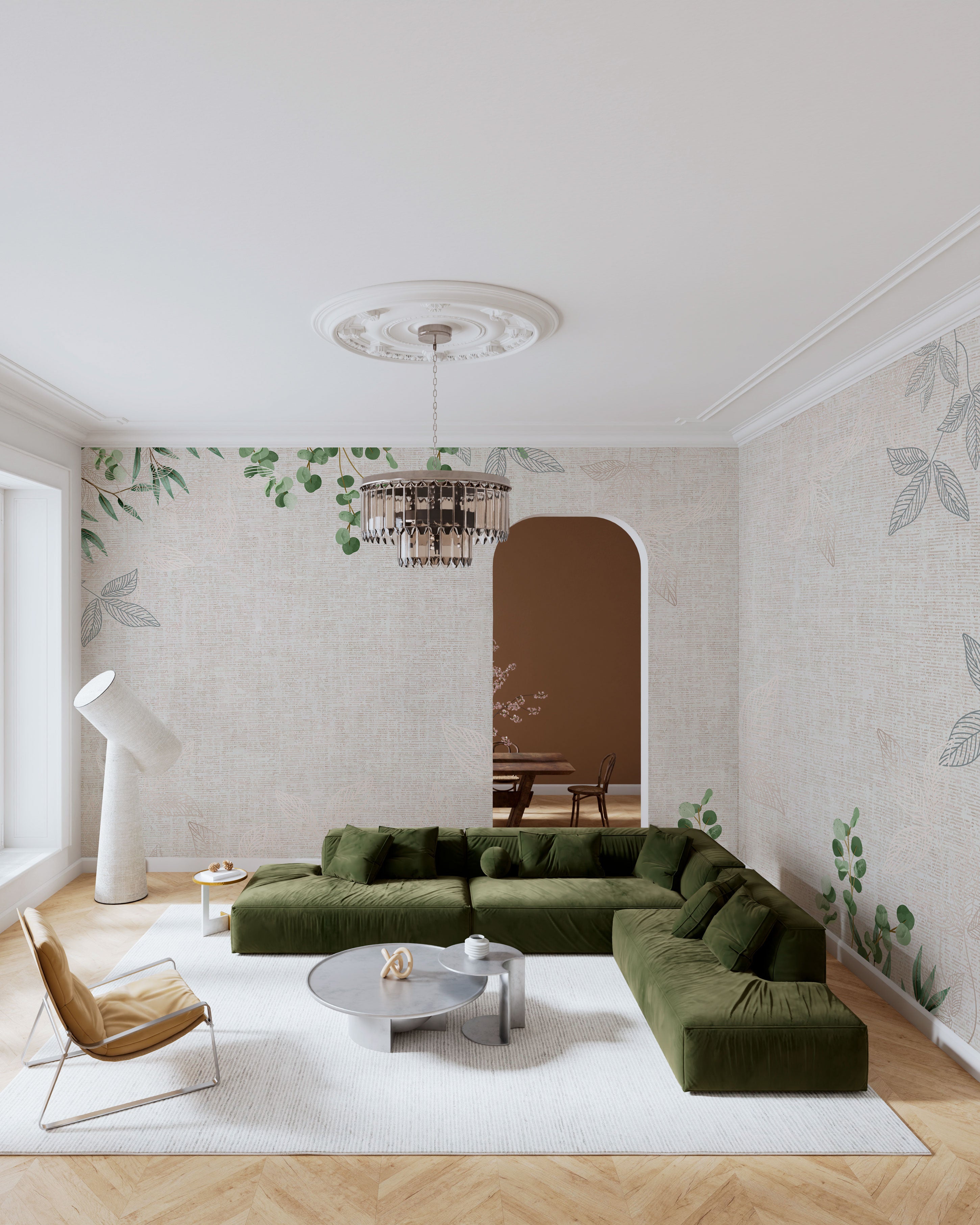 Subtle botanical leaves pattern wallpaper in soft beige and green tones with a textured background