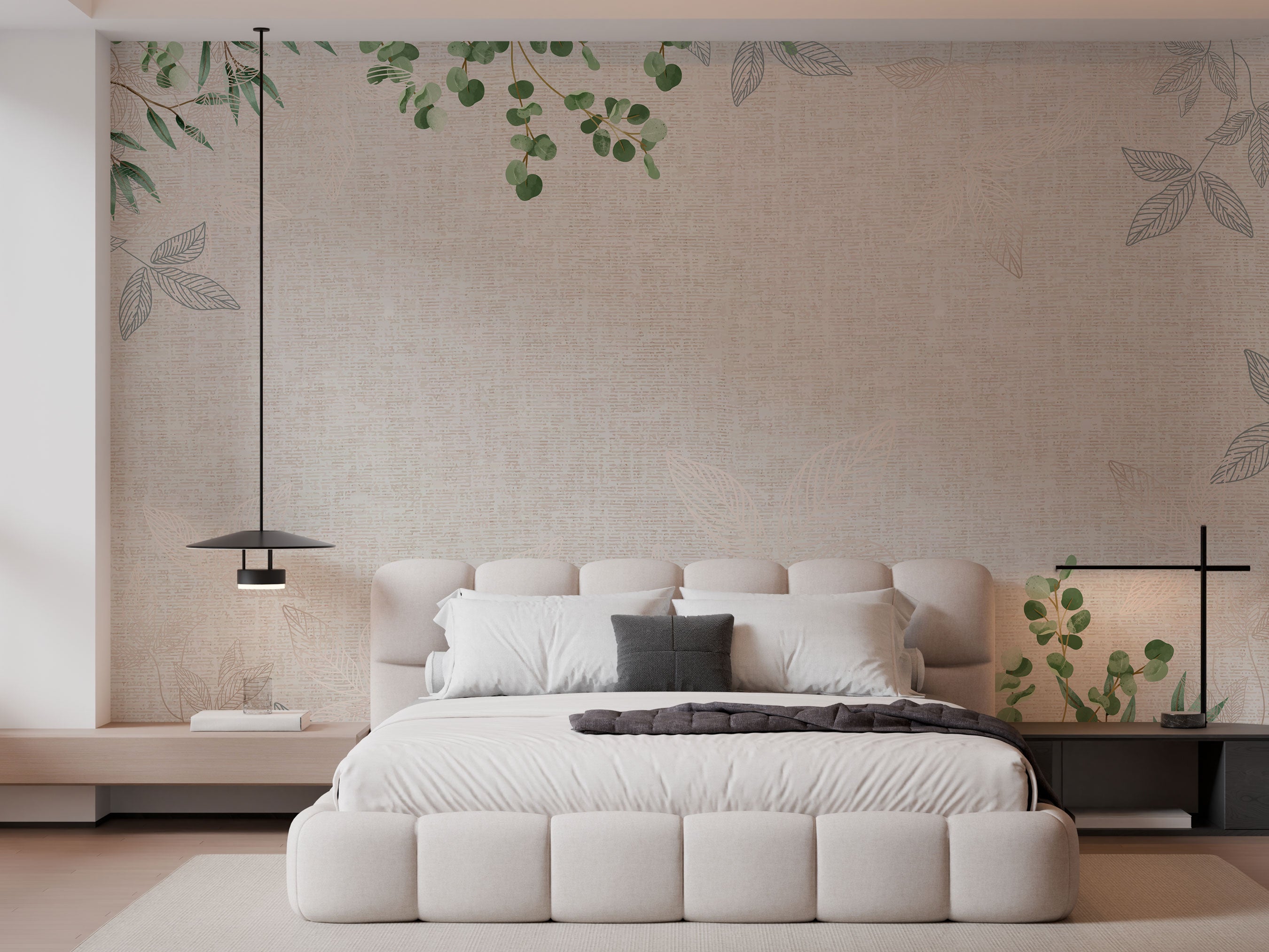 Subtle botanical leaves pattern wallpaper in soft beige and green tones with a textured background