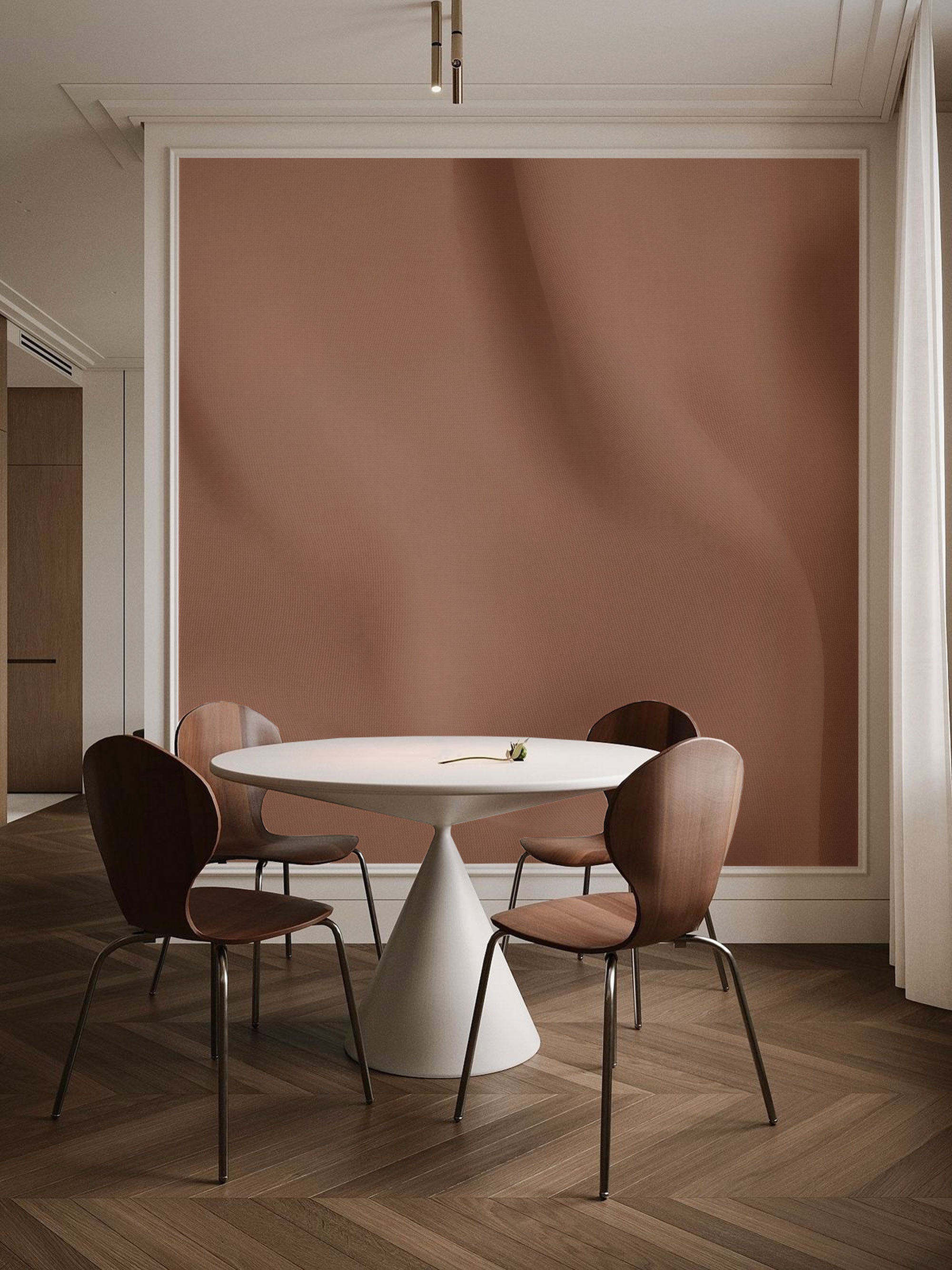 Brown and beige mural wallpaper with soft draped fabric texture creating a warm and elegant interior backdrop
