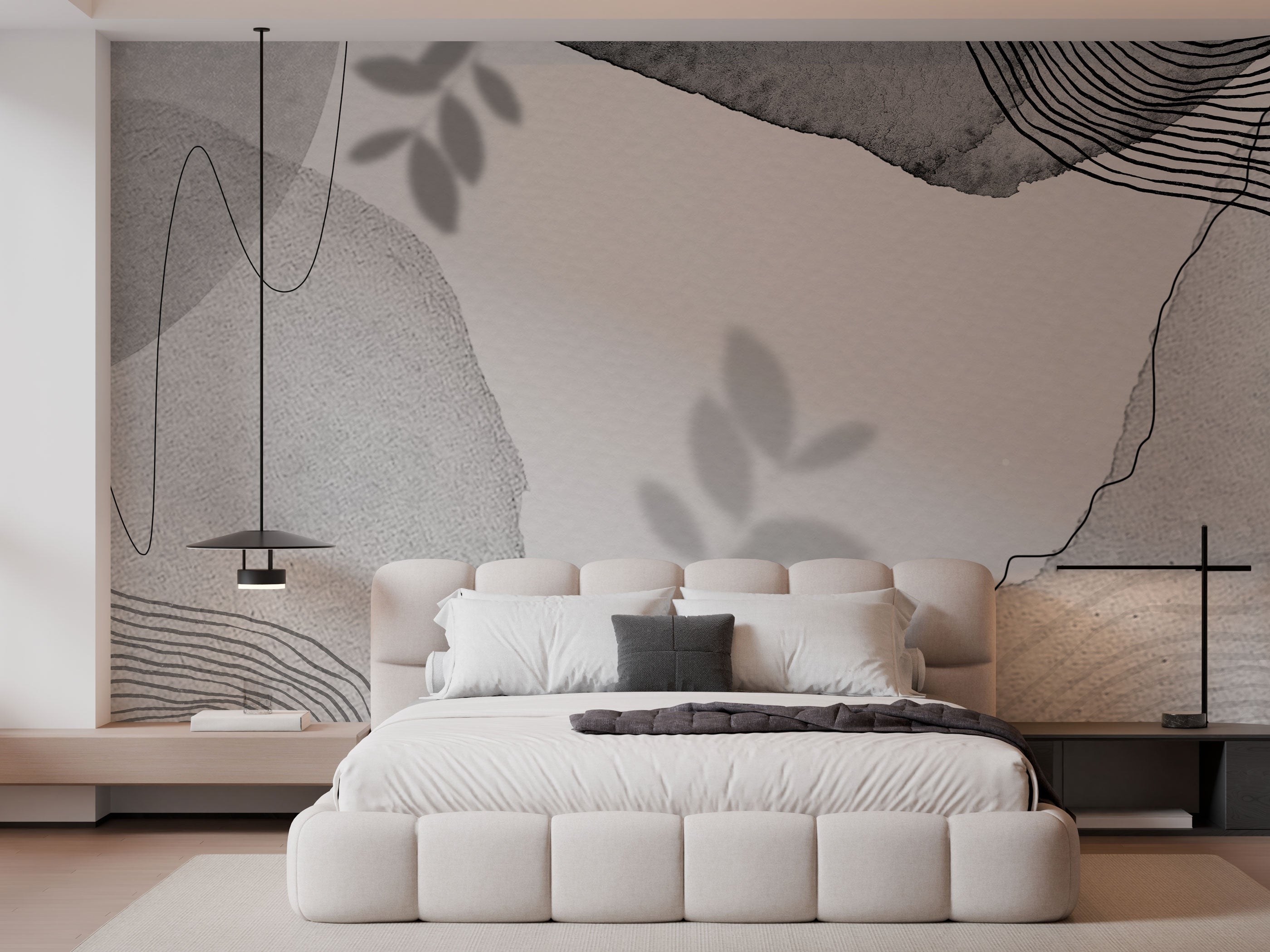 Minimalist abstract wallpaper with soft neutral tones, organic shapes, subtle textures, and gentle shadow effects