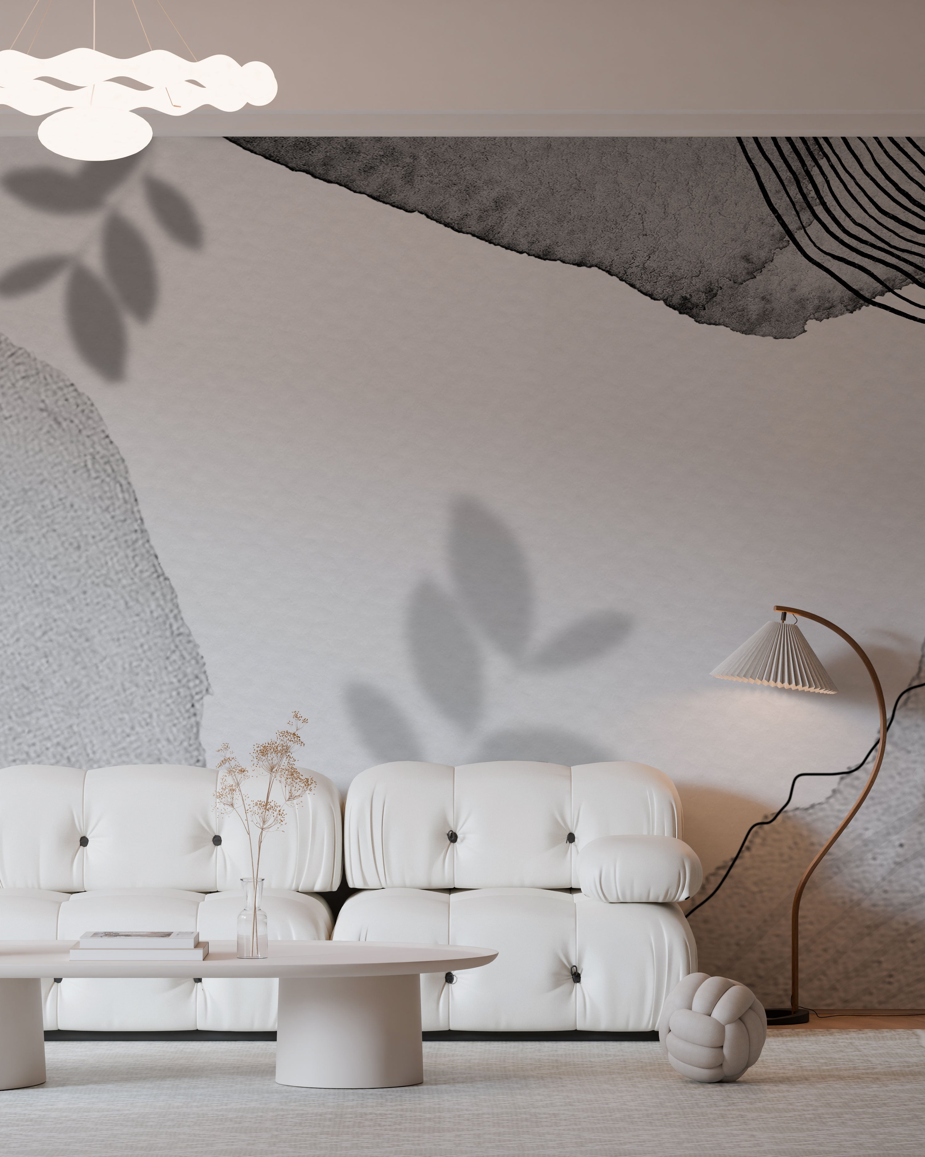 Minimalist abstract wallpaper with soft neutral tones, organic shapes, subtle textures, and gentle shadow effects