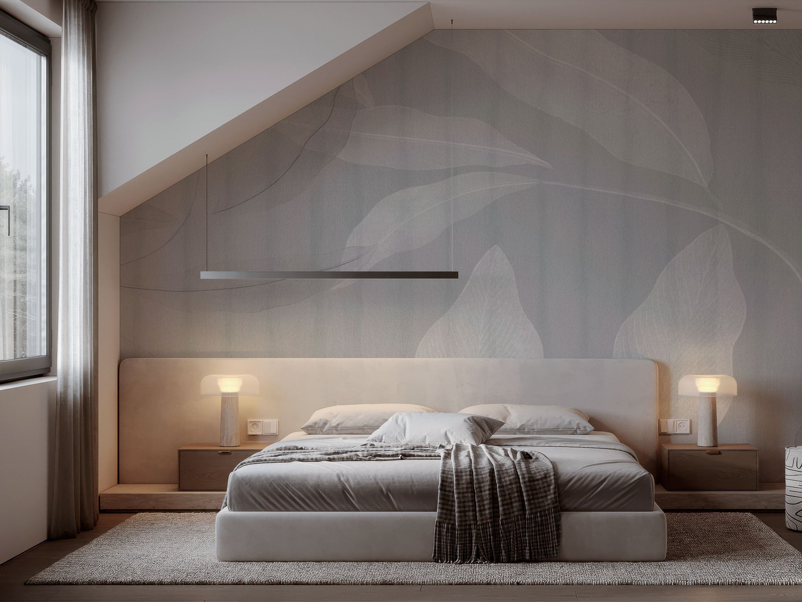 Minimal botanical mural wallpaper with large leaf shapes in soft grey and white tones