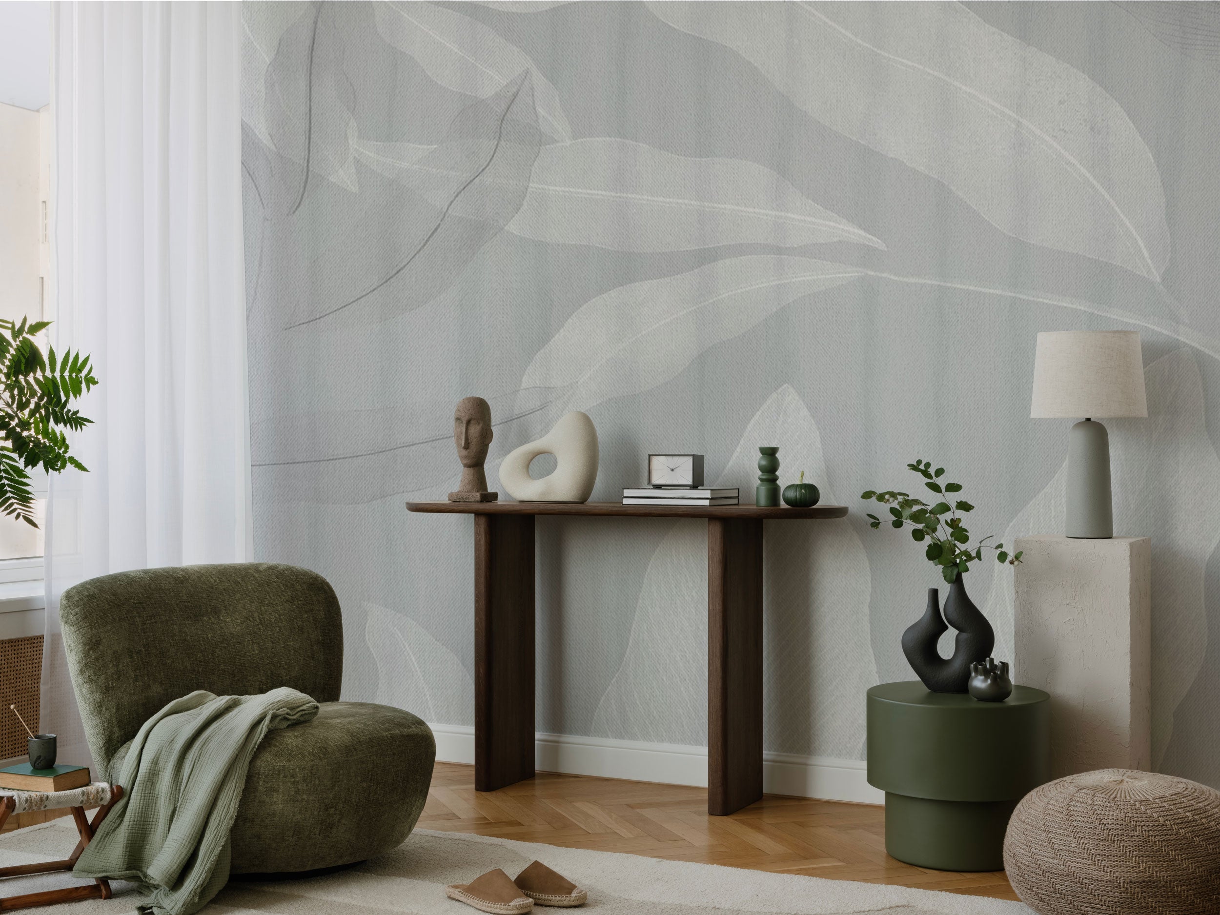 Minimal botanical mural wallpaper with large leaf shapes in soft grey and white tones