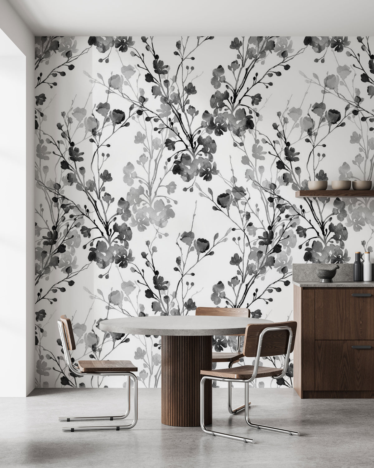 Black and grey floral botanical pattern wallpaper with delicate watercolor branches and blossoms