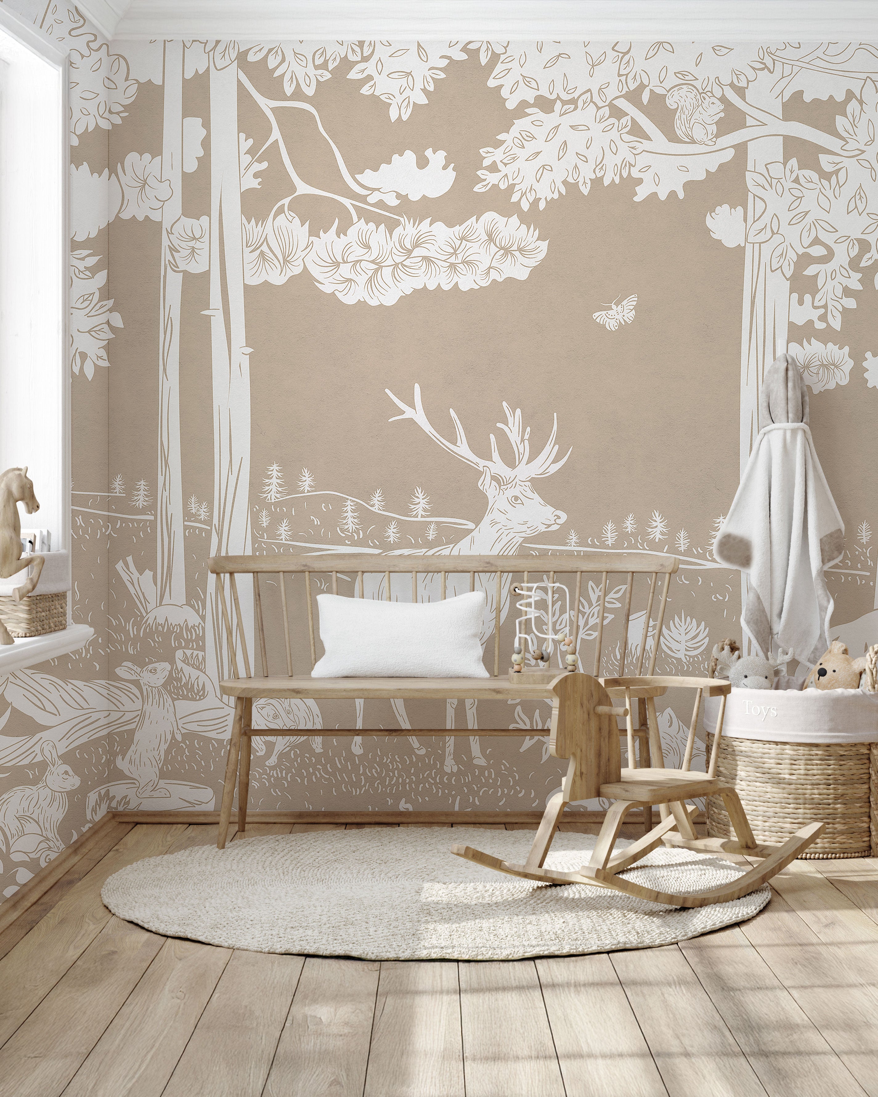 Beige woodland mural wallpaper with deer, foxes, birds, and forest illustration in a soft hand-drawn style.