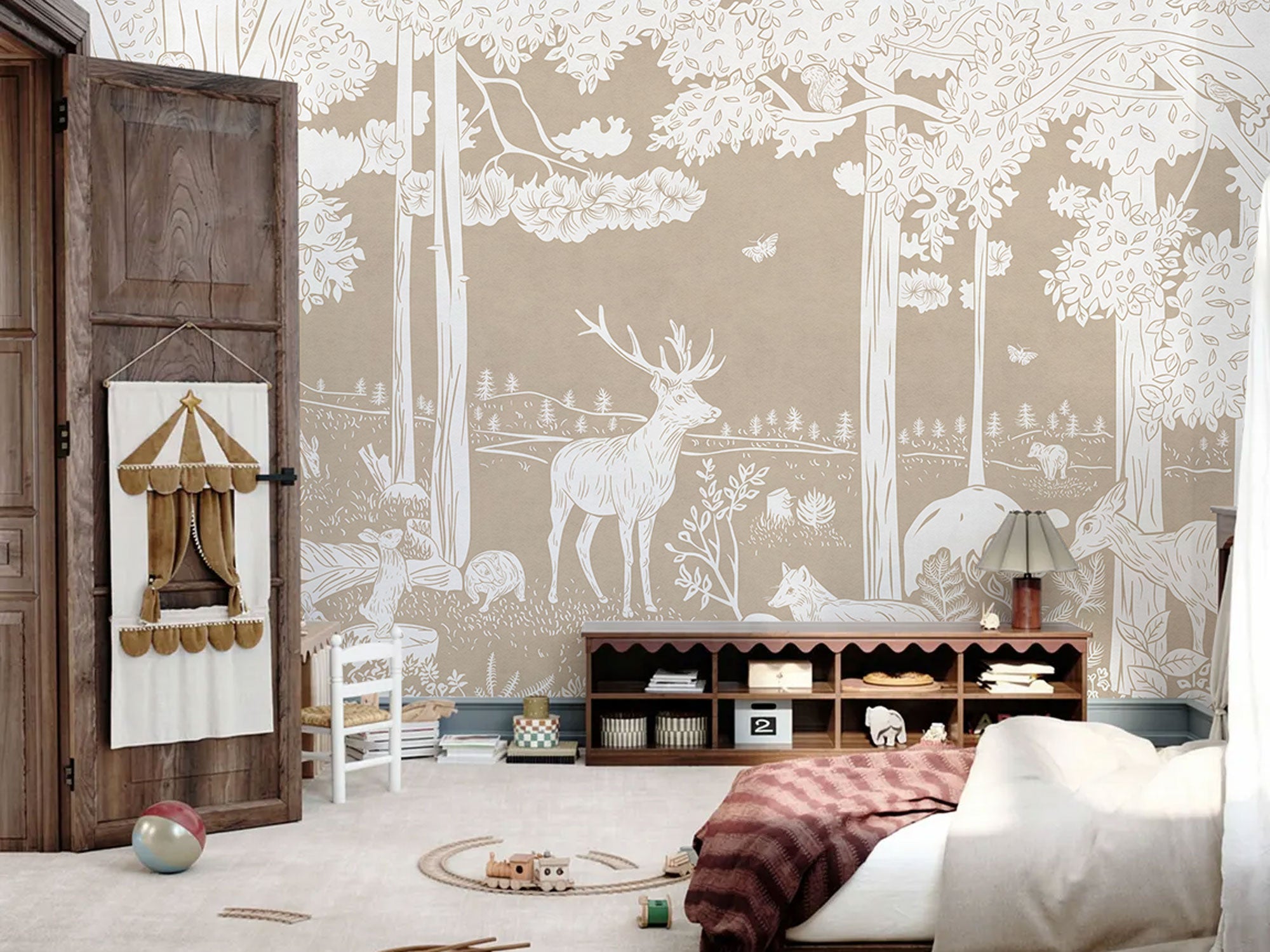 Beige woodland mural wallpaper with deer, foxes, birds, and forest illustration in a soft hand-drawn style.