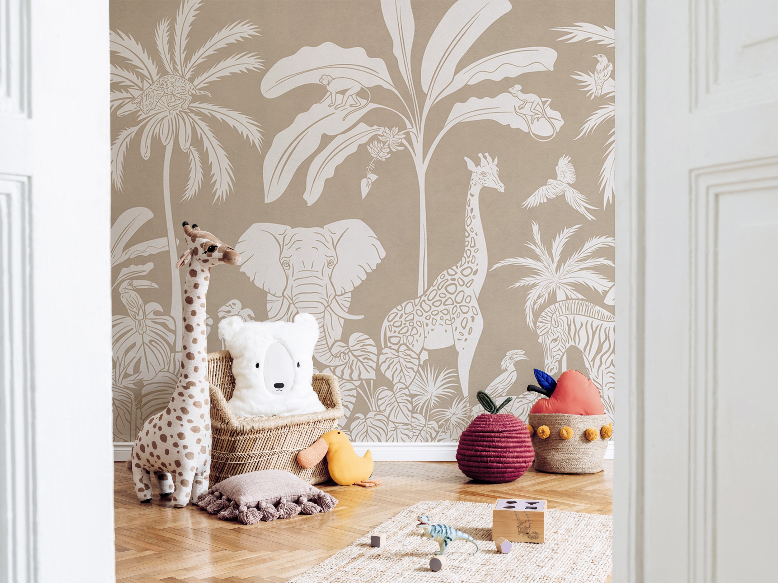 Brown beige safari jungle mural wallpaper with elephants, giraffes, zebras, monkeys, and tropical foliage in a hand-drawn style.