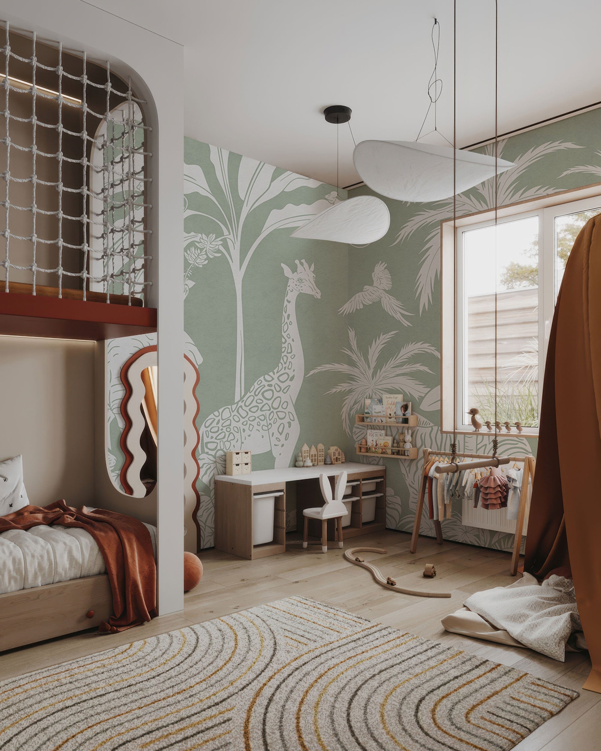 Green safari jungle mural wallpaper with elephants, giraffes, zebras, monkeys, and tropical foliage in a hand-drawn style.