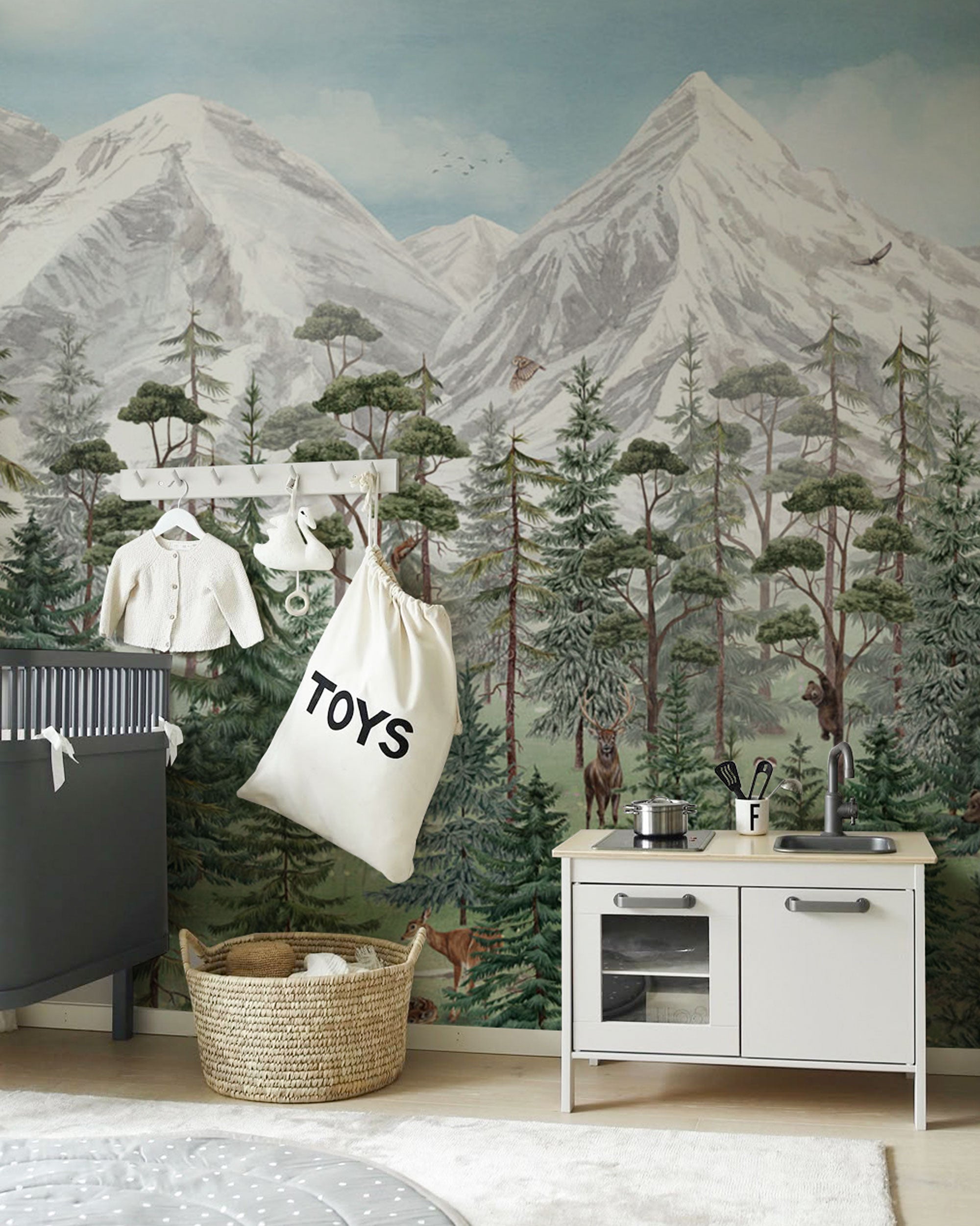 Mountain Forest green mural wallpaper with forest animals by Éclart Walls