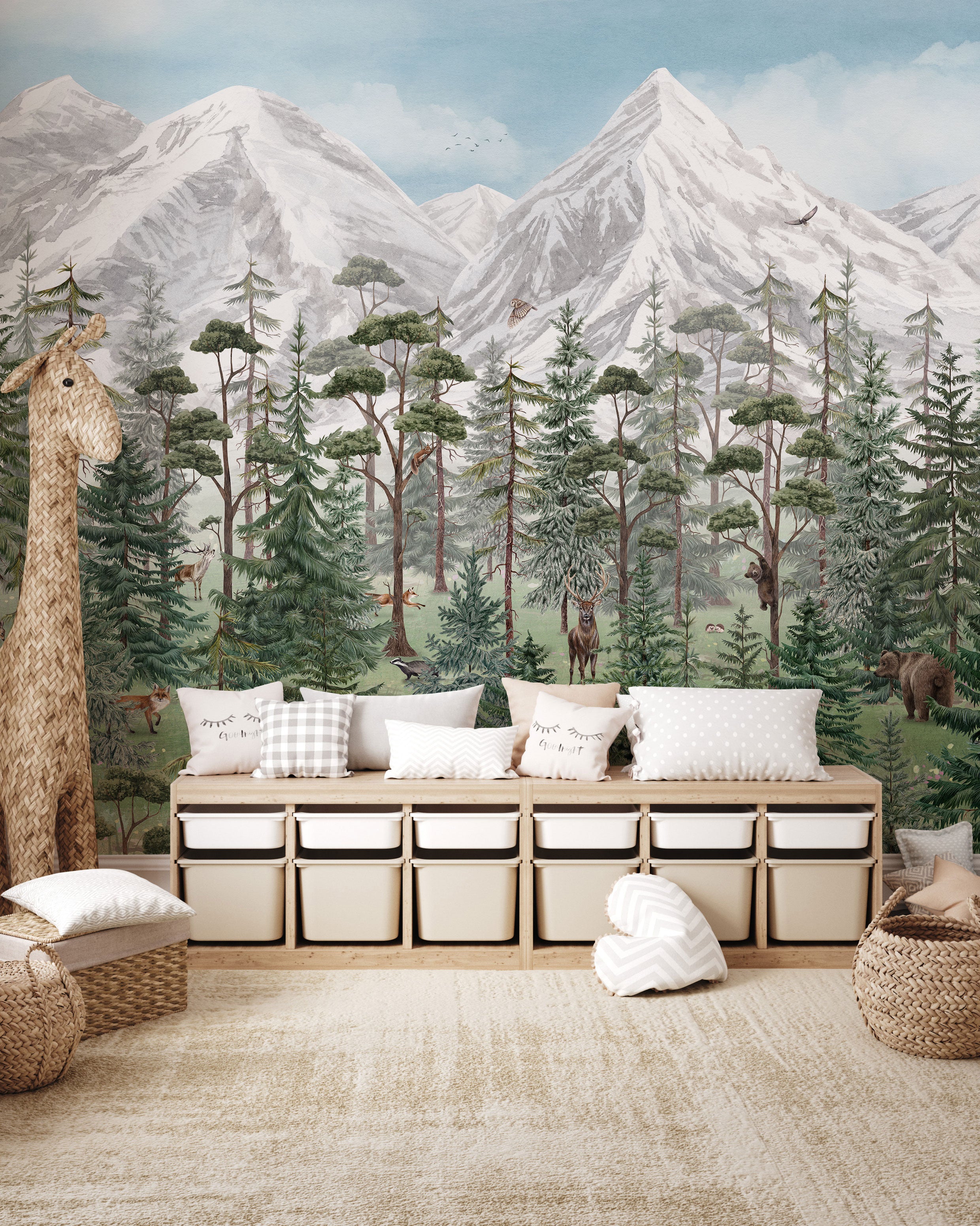 Mountain Forest green mural wallpaper with forest animals by Éclart Walls