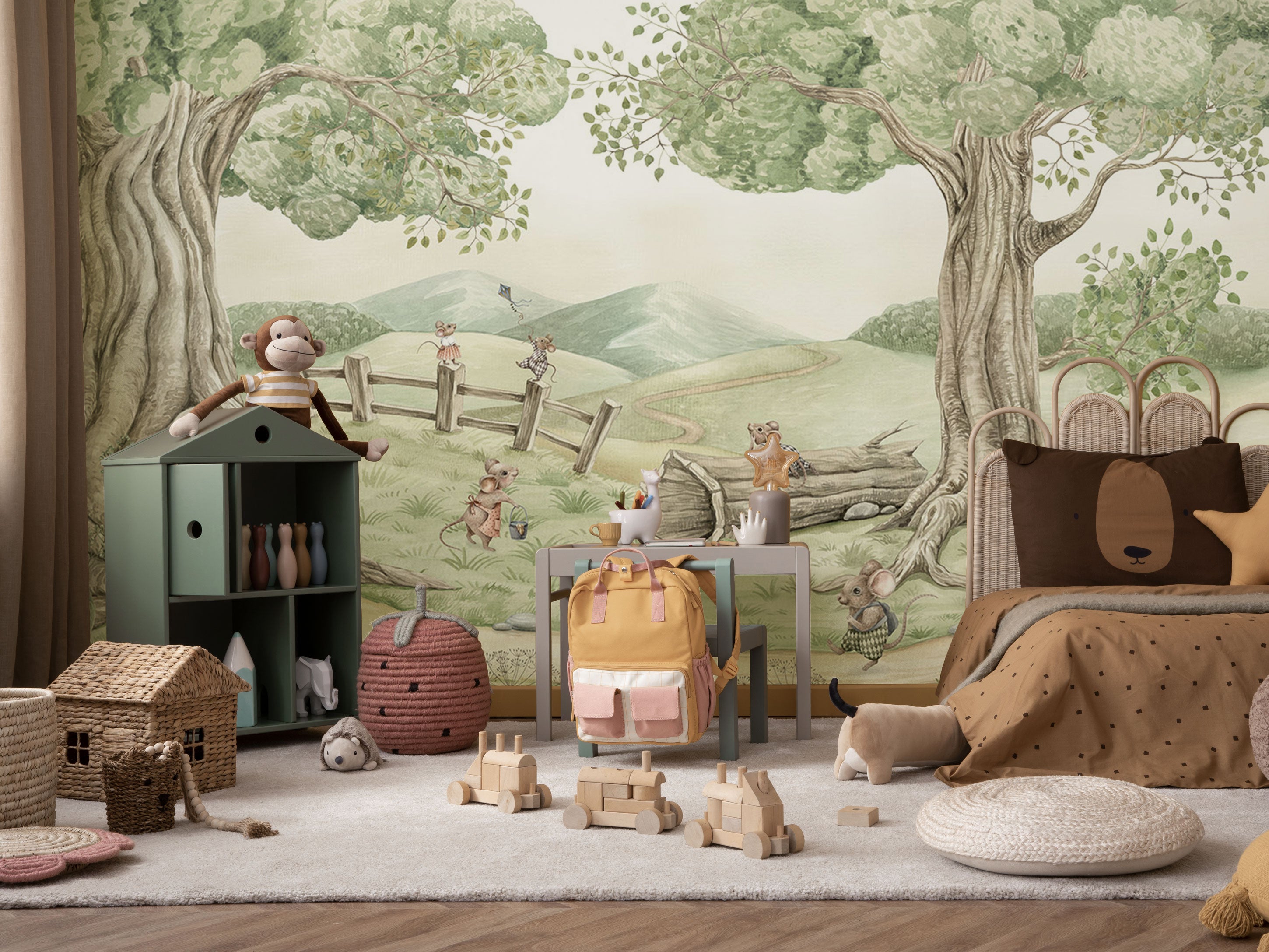 Storybook woodland mural wallpaper with mice tree house meadow hills