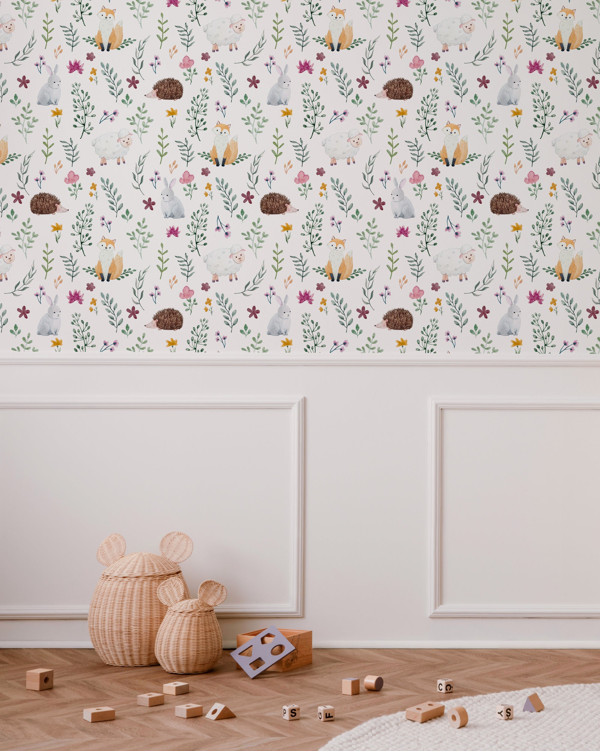 Kids woodland wallpaper with animals, flowers, and leaves on light background