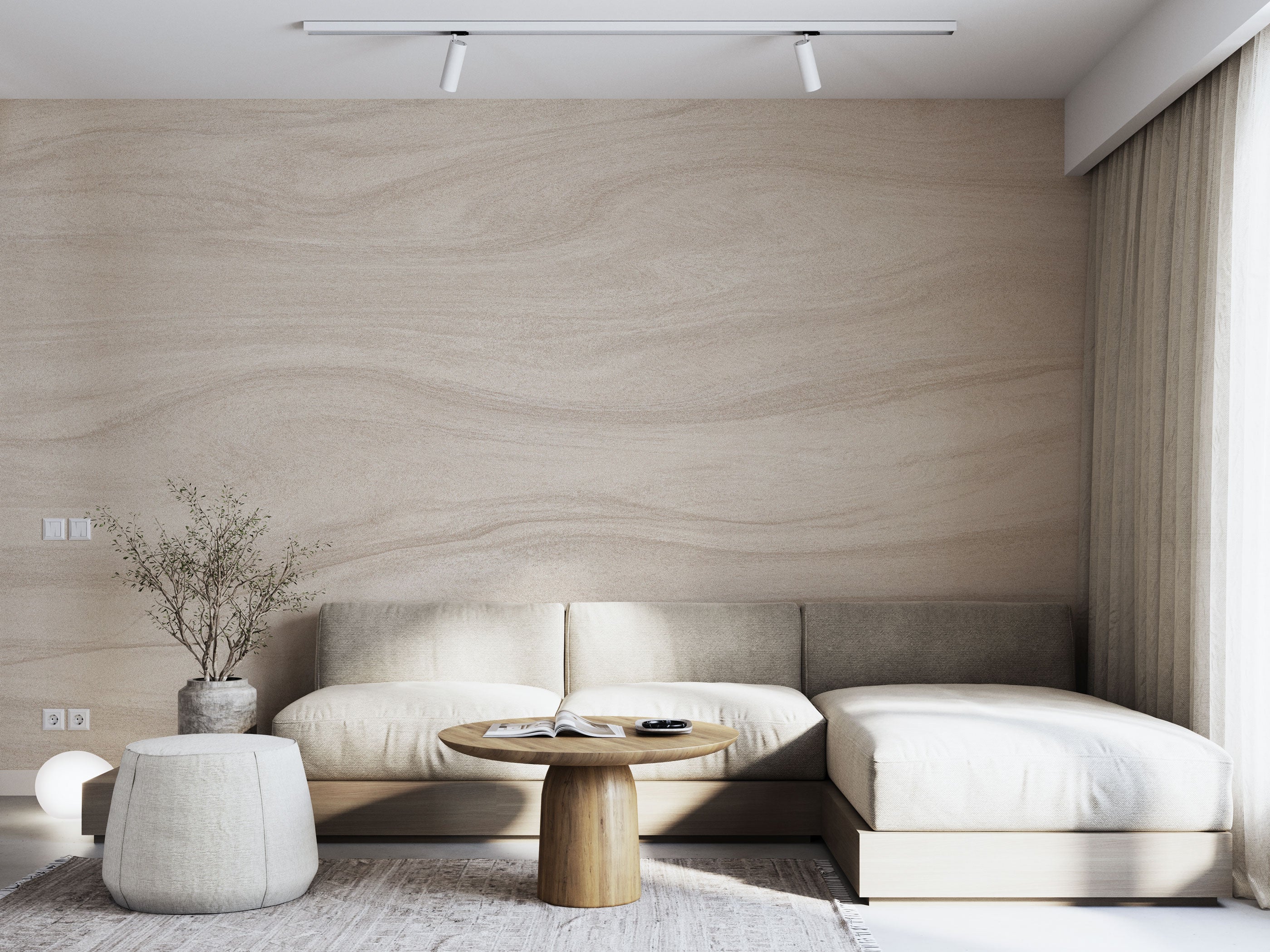 Beige mural wallpaper with soft wood grain texture and gentle horizontal lines, creating a warm and natural interior background.