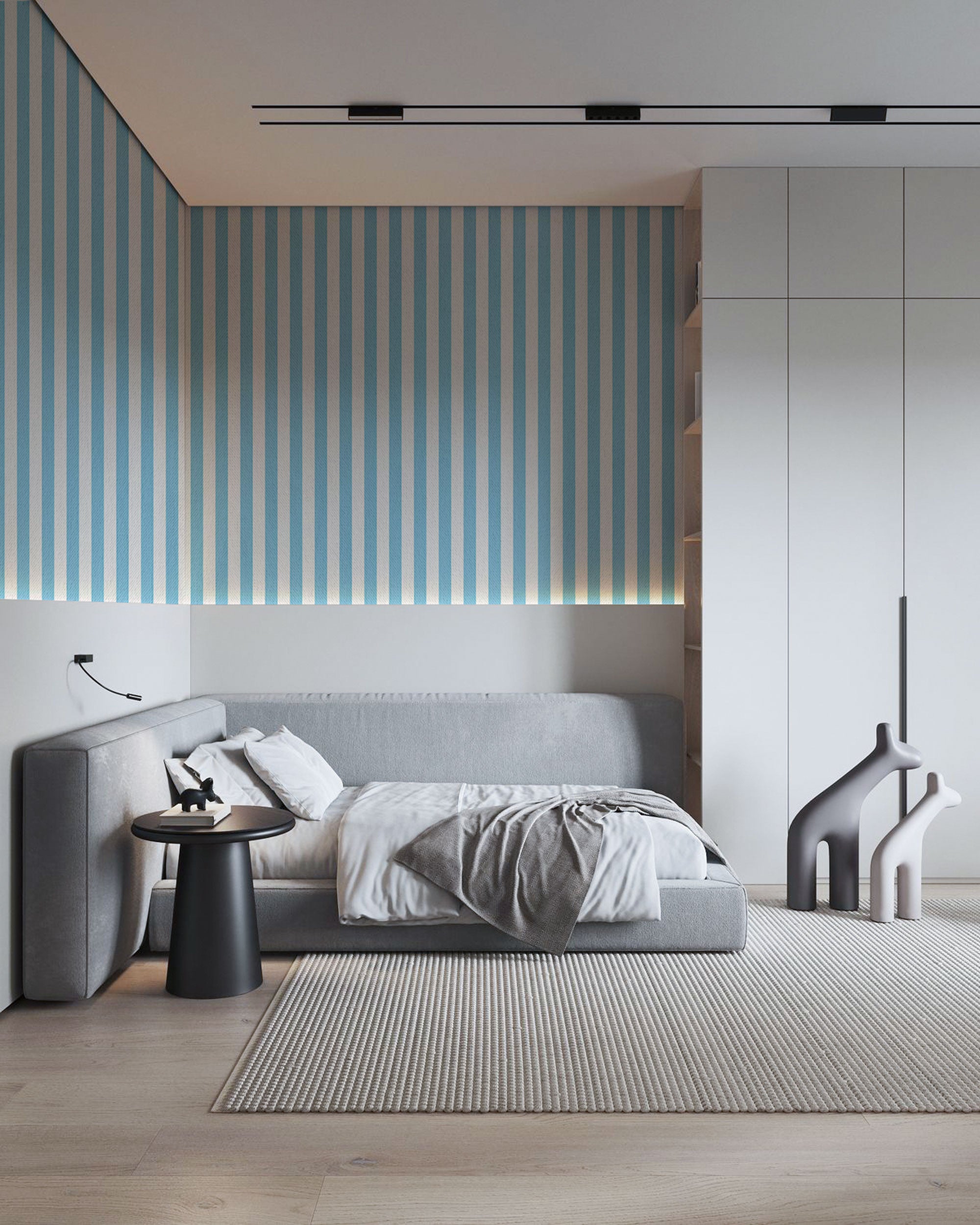 A classic striped wallpaper designed with vertical blue and white stripes in a soft, muted tone.