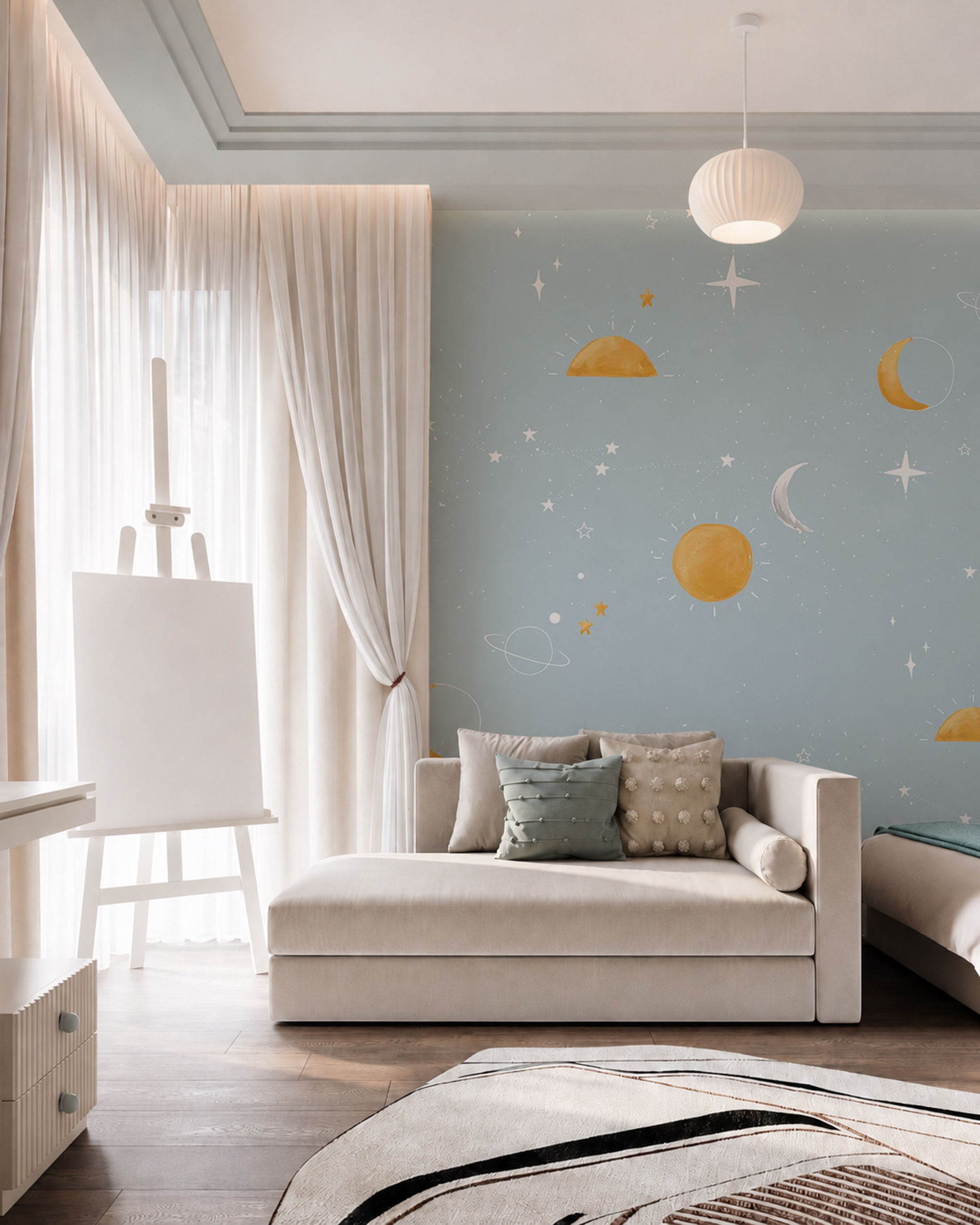 Soft celestial wallpaper with hand-painted suns, moons, planets, and stars on a light blue background creating a calm, dreamy atmosphere