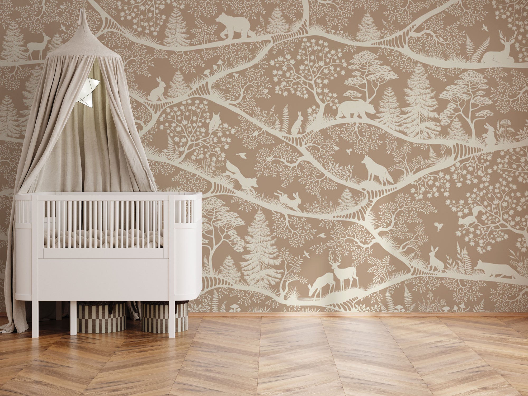 beige pattern with animals and trees wallpaper